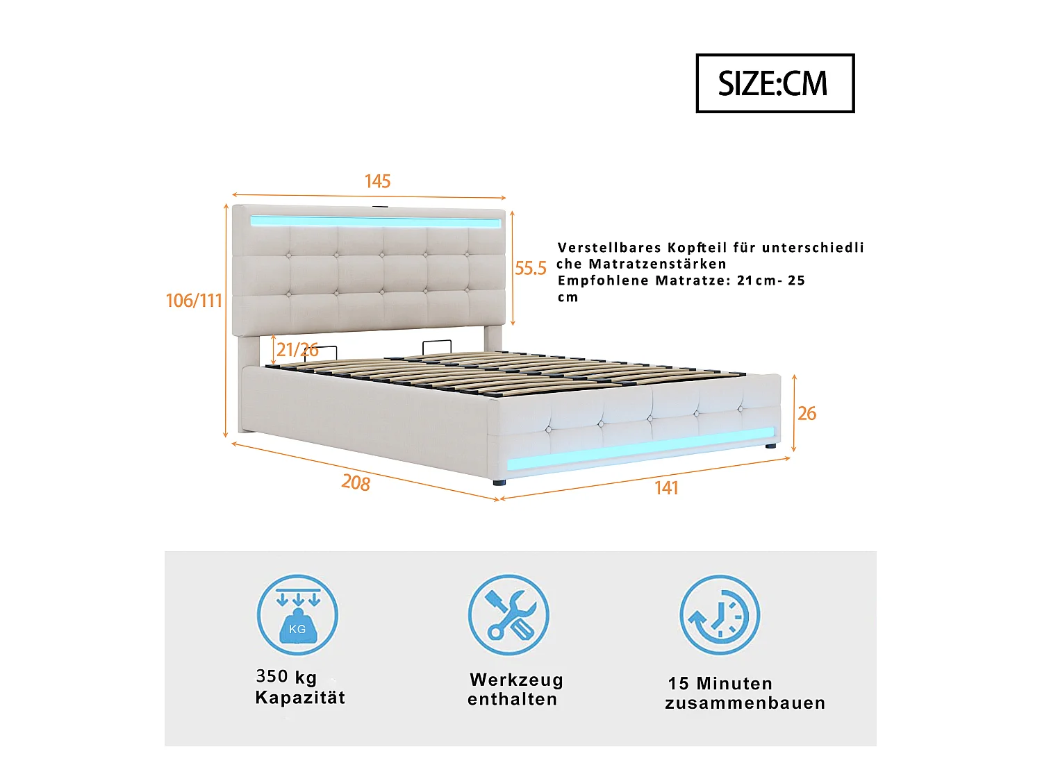 Łóżko z pojemnikiem 140x200 cm z LED i portem USB, regulowane wezgłowie, len beżowy - bez materaca