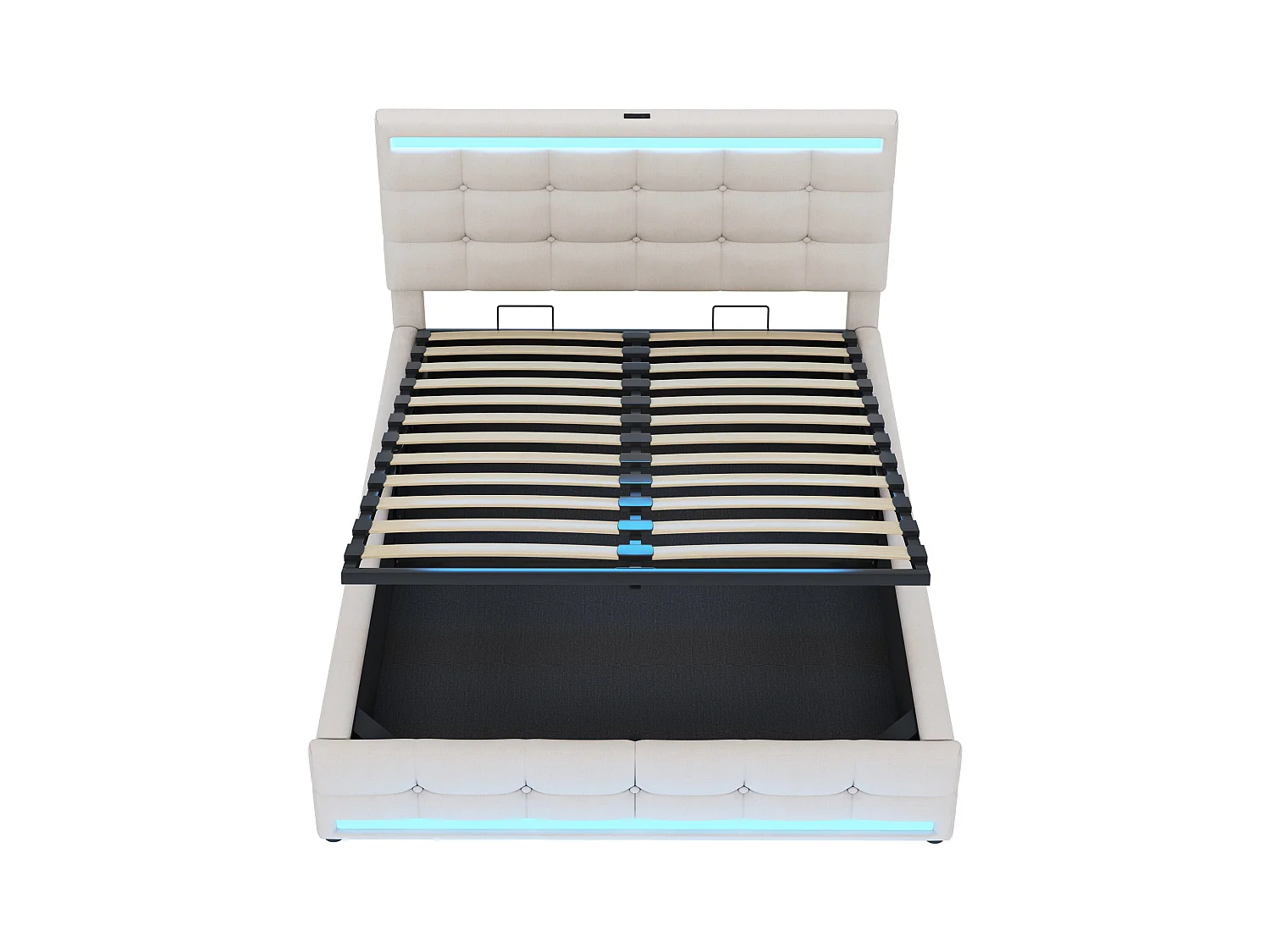 Łóżko z pojemnikiem 140x200 cm z LED i portem USB, regulowane wezgłowie, len beżowy - bez materaca