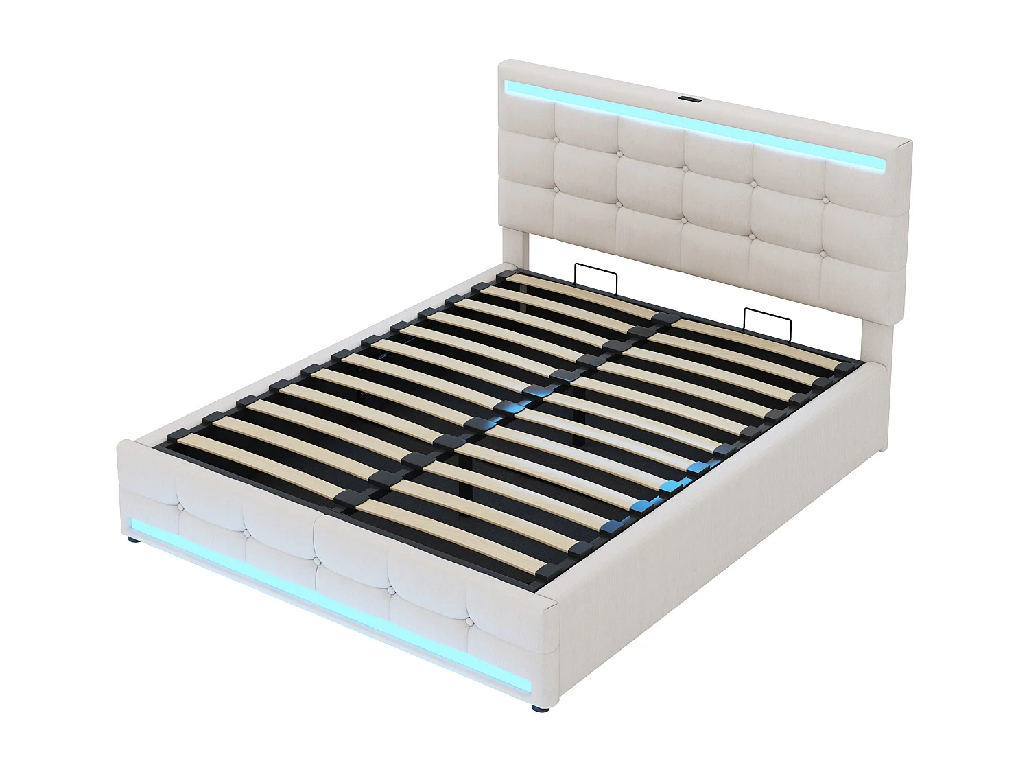 Łóżko z pojemnikiem 140x200 cm z LED i portem USB, regulowane wezgłowie, len beżowy - bez materaca