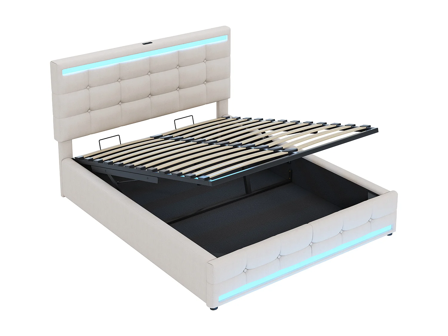 Łóżko z pojemnikiem 140x200 cm z LED i portem USB, regulowane wezgłowie, len beżowy - bez materaca