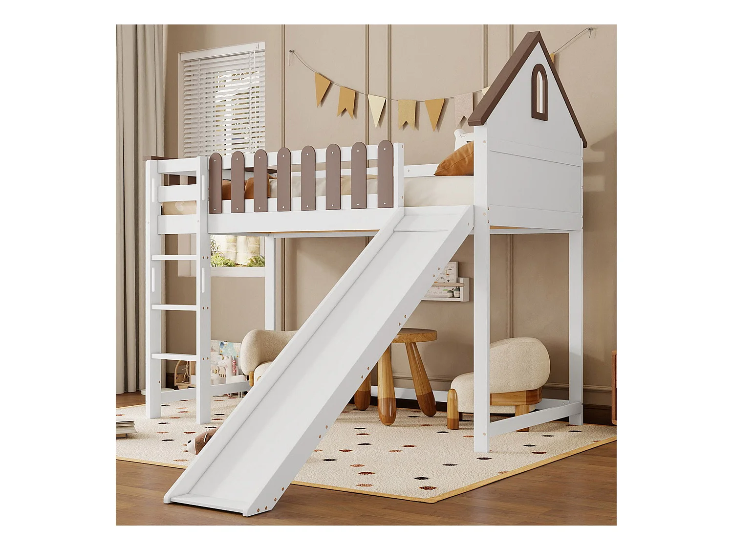 Lit mezzanine enfant 90x200 cm avec toboggan et échelle, blanc et noyer - sans matelas