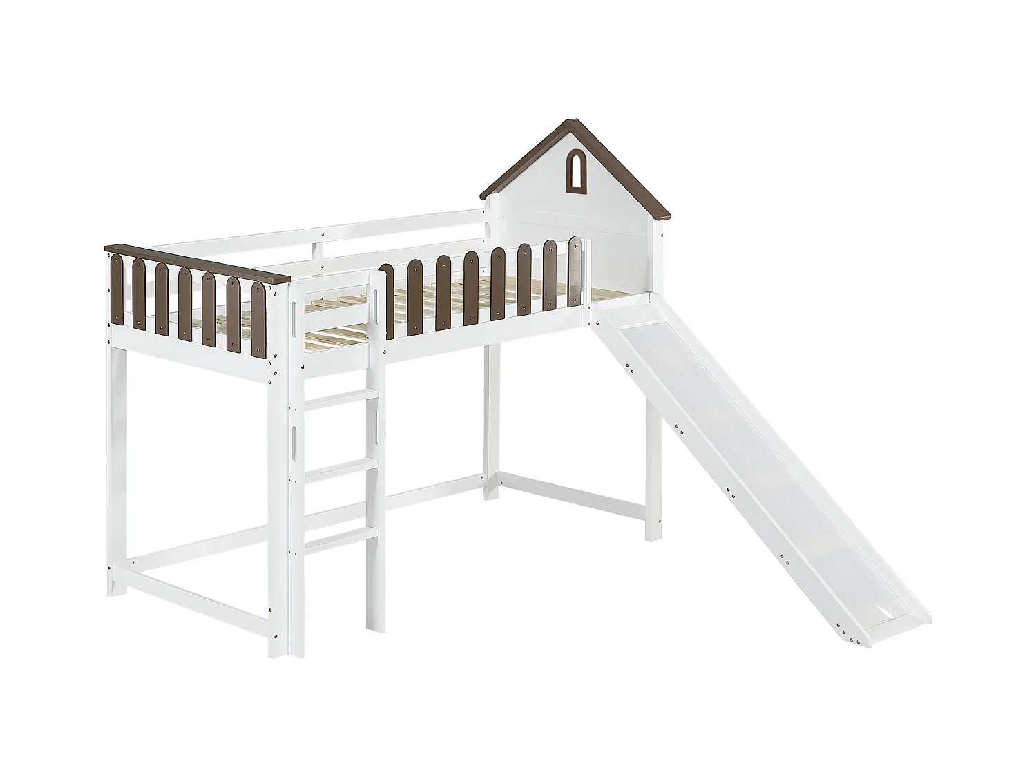 Lit mezzanine enfant 90x200 cm avec toboggan et échelle, blanc et noyer - sans matelas