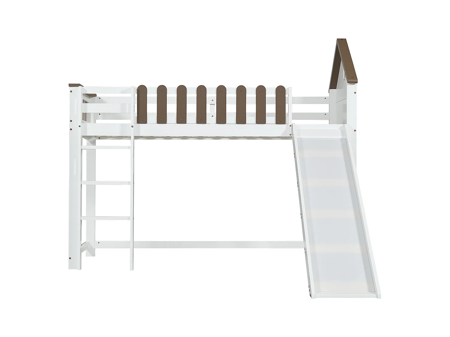 Lit mezzanine enfant 90x200 cm avec toboggan et échelle, blanc et noyer - sans matelas