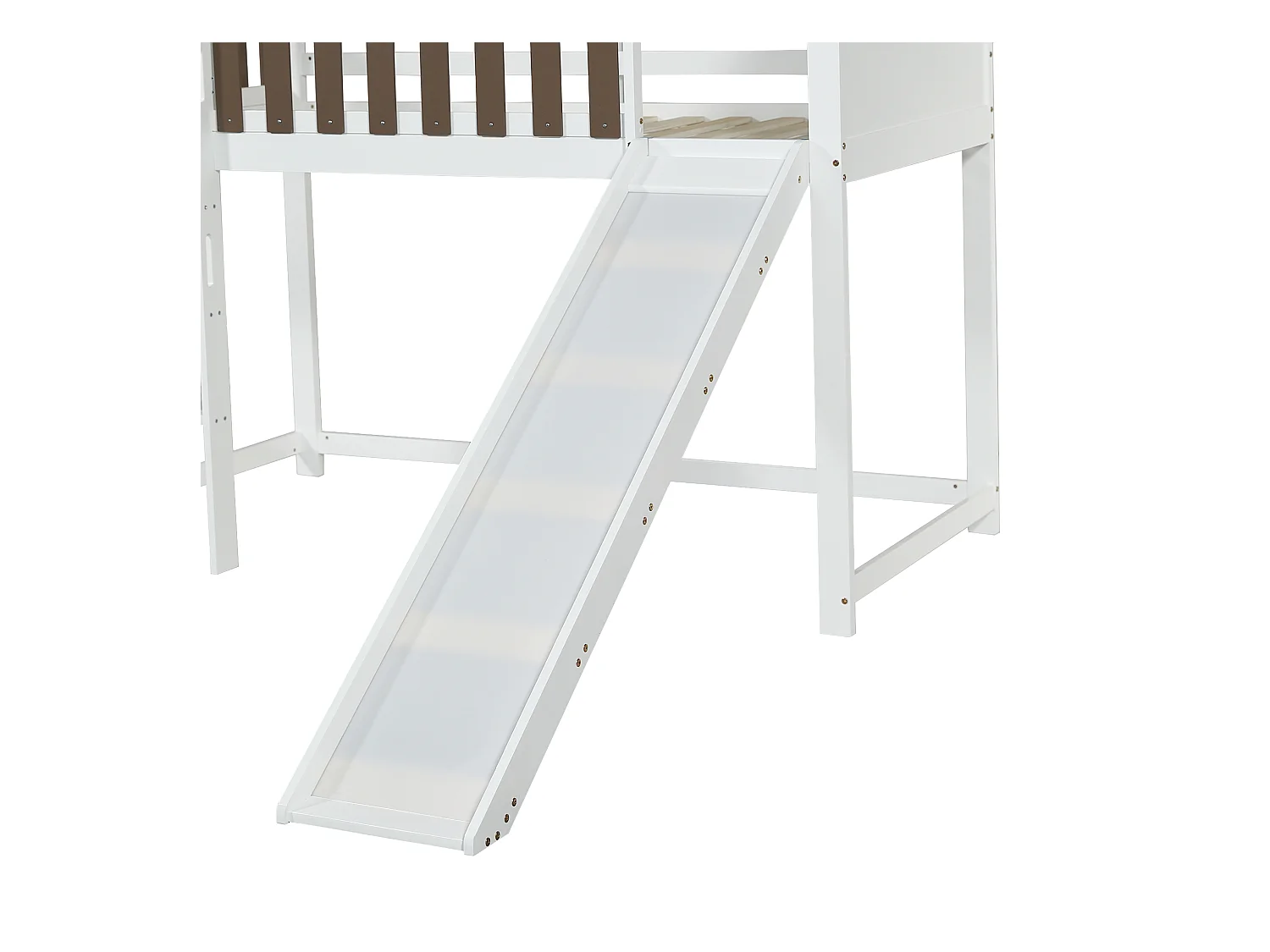 Lit mezzanine enfant 90x200 cm avec toboggan et échelle, blanc et noyer - sans matelas