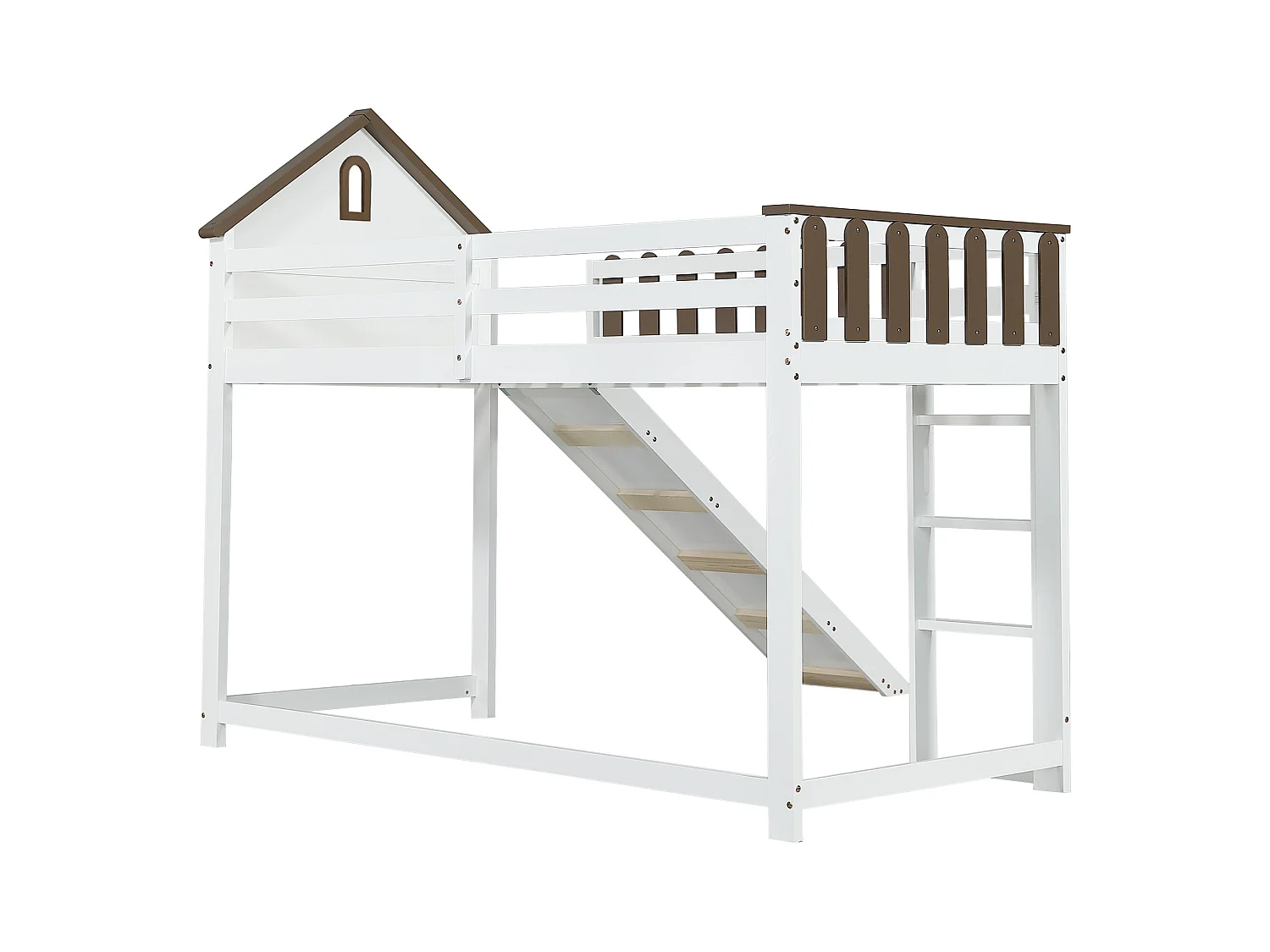 Lit mezzanine enfant 90x200 cm avec toboggan et échelle, blanc et noyer - sans matelas