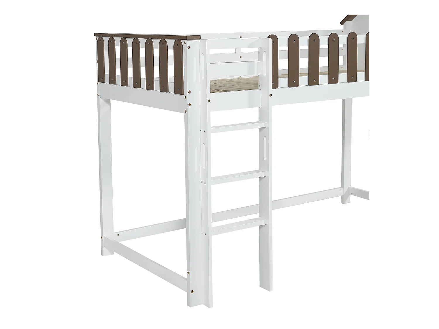 Lit mezzanine enfant 90x200 cm avec toboggan et échelle, blanc et noyer - sans matelas