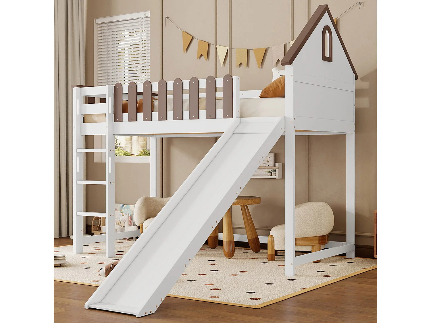 Lit mezzanine enfant 90x200 cm avec toboggan et échelle, blanc et noyer - sans matelas