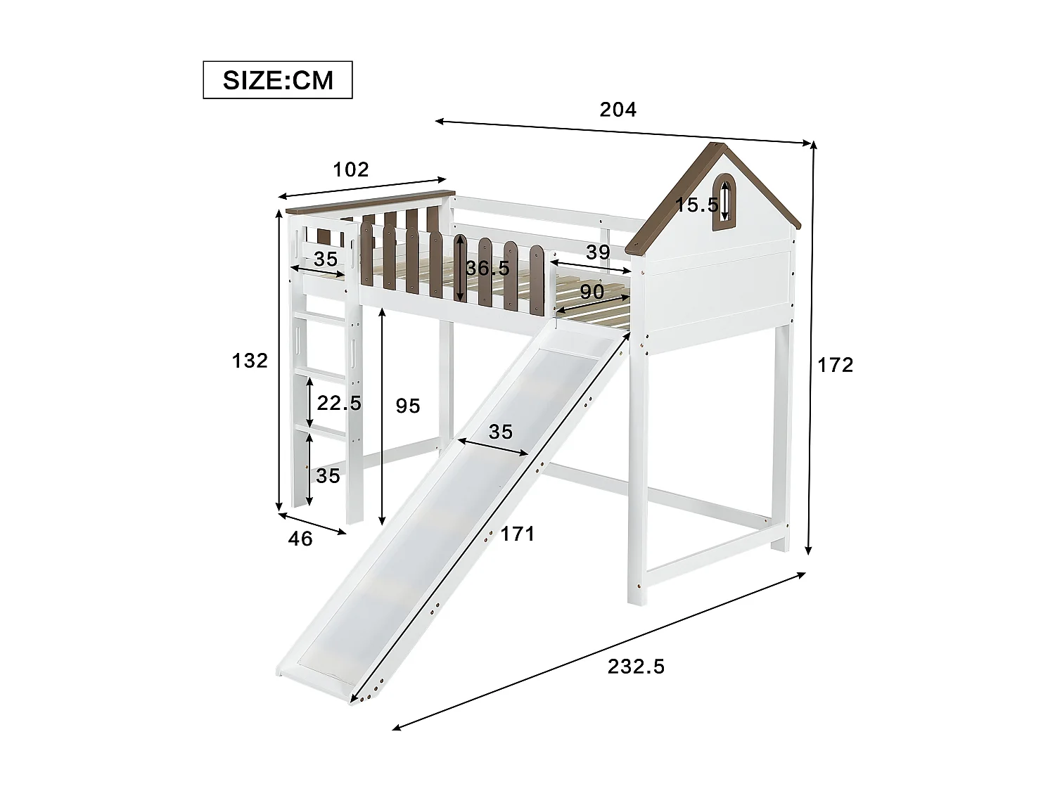 Lit mezzanine enfant 90x200 cm avec toboggan et échelle, blanc et noyer - sans matelas