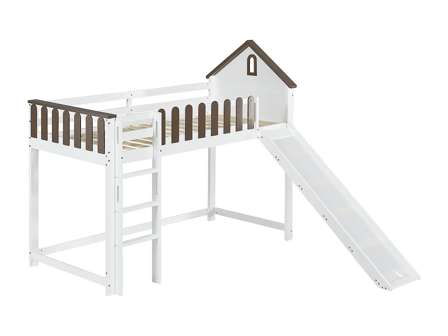 Lit mezzanine enfant 90x200 cm avec toboggan et échelle, blanc et noyer - sans matelas