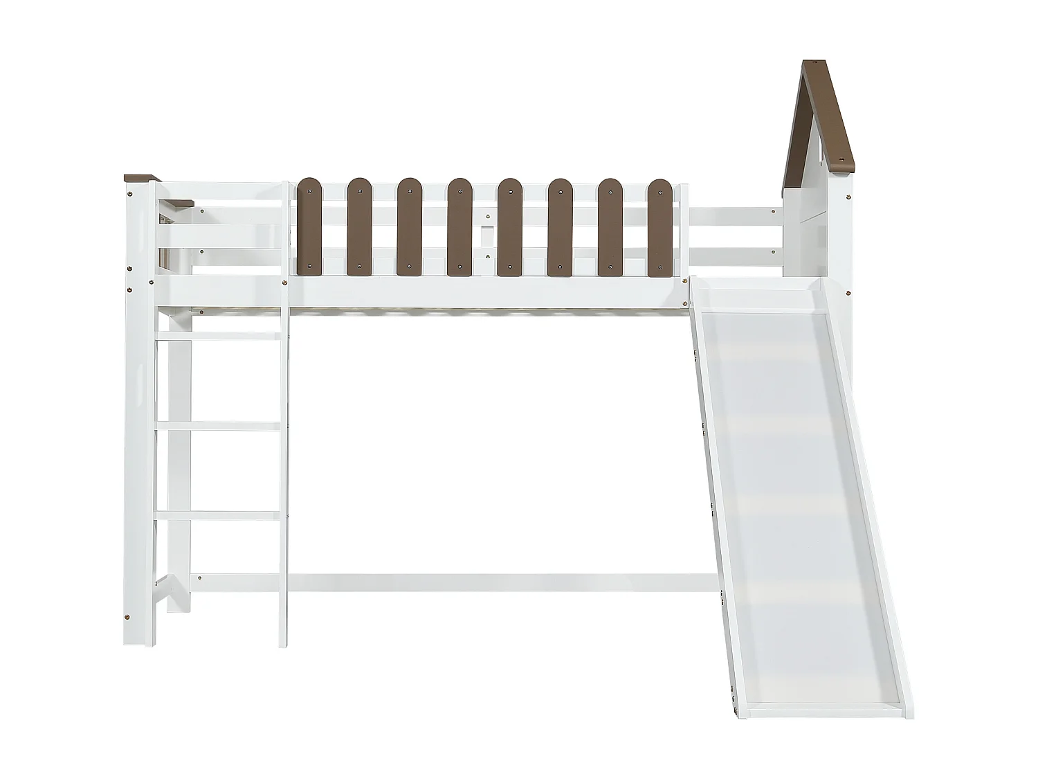 Lit mezzanine enfant 90x200 cm avec toboggan et échelle, blanc et noyer - sans matelas