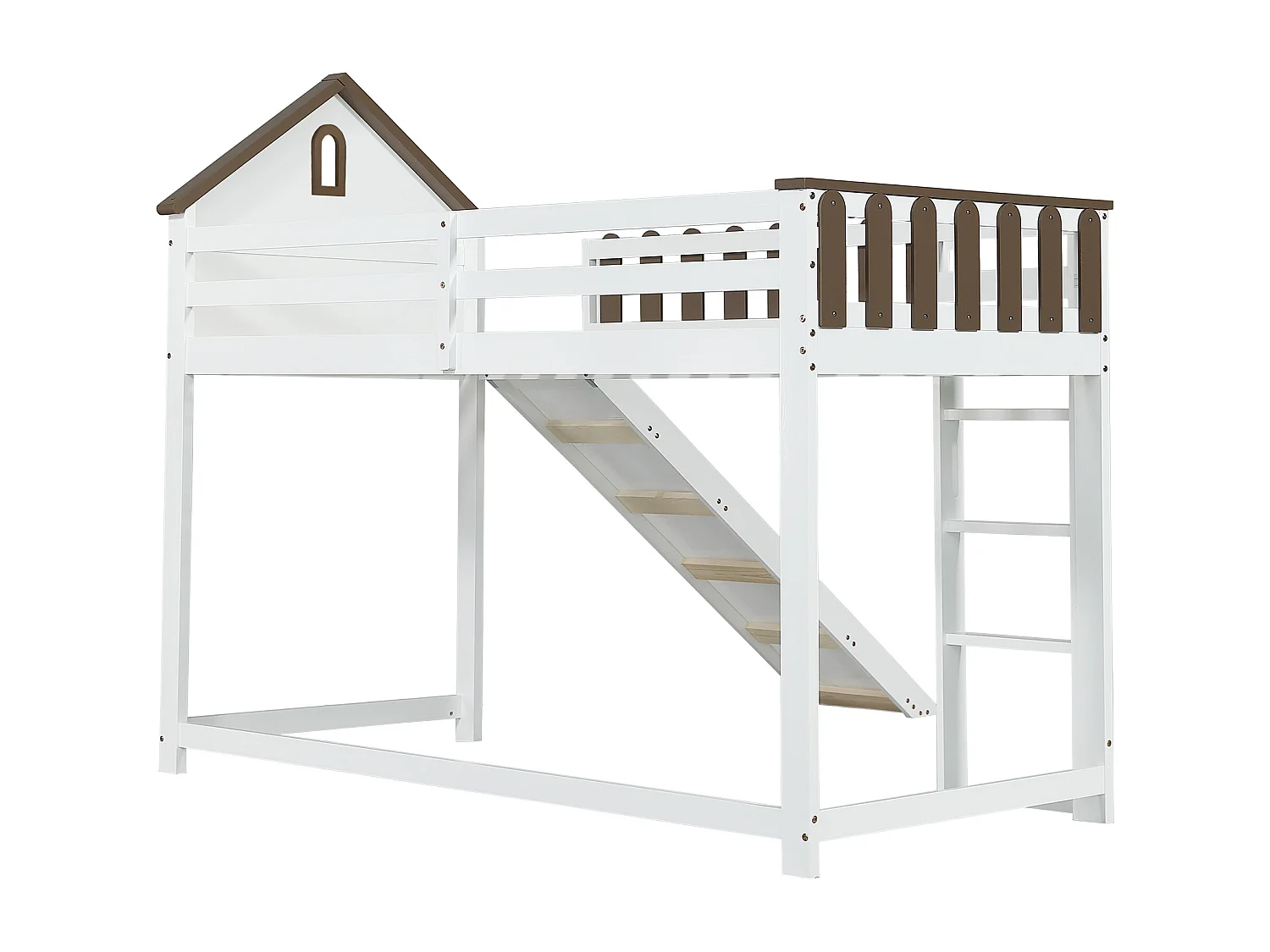 Lit mezzanine enfant 90x200 cm avec toboggan et échelle, blanc et noyer - sans matelas