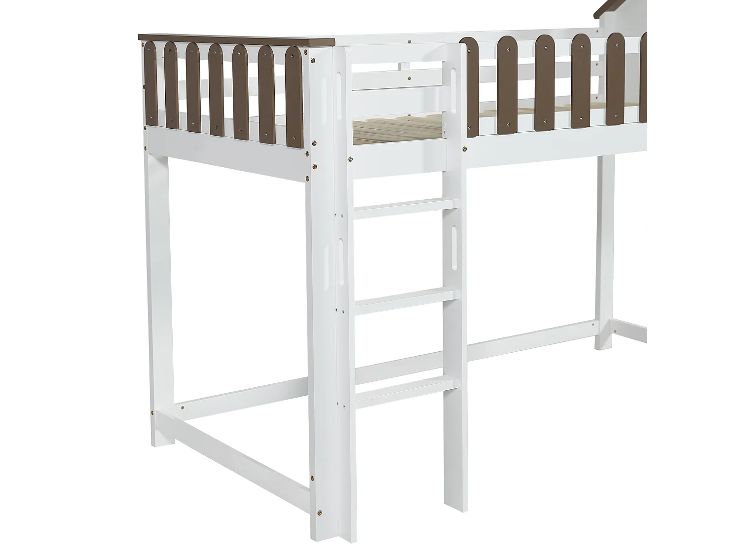 Lit mezzanine enfant 90x200 cm avec toboggan et échelle, blanc et noyer - sans matelas