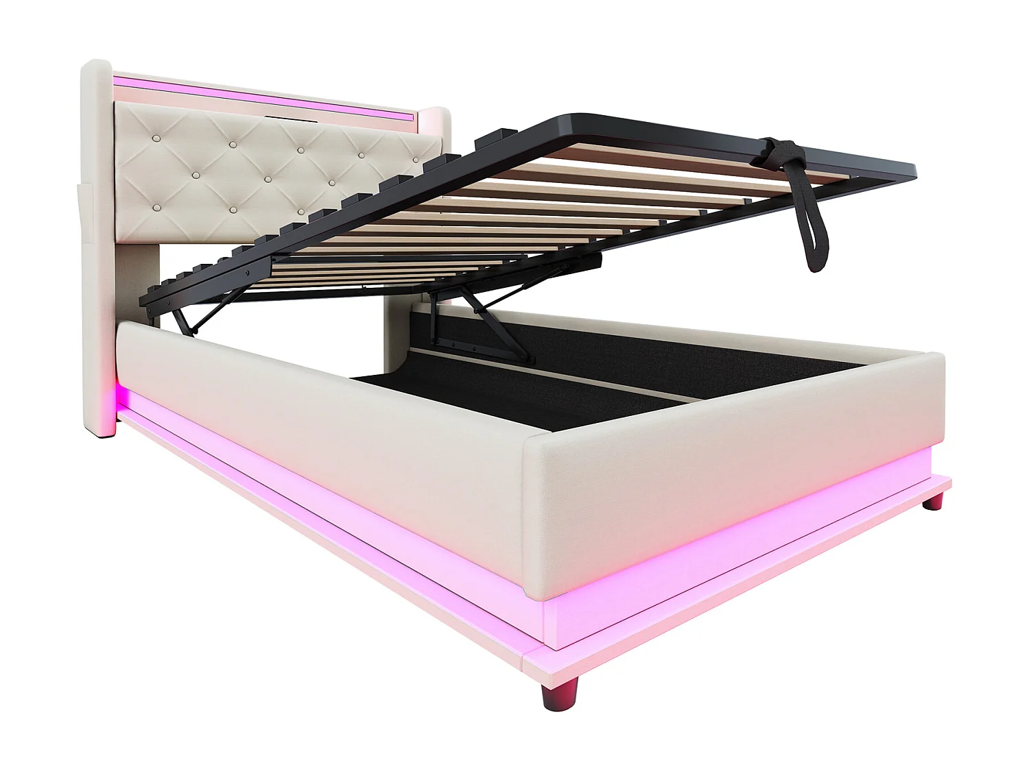 Lit coffre 90x200 cm avec port USB et LED, tête de lit coffre, lin beige - sans matelas