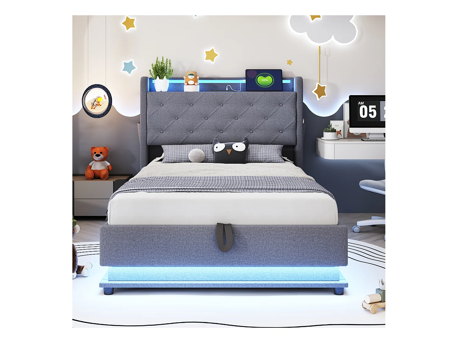 Lit coffre 90x200 cm avec port USB et LED, tête de lit coffre, lin gris - sans matelas