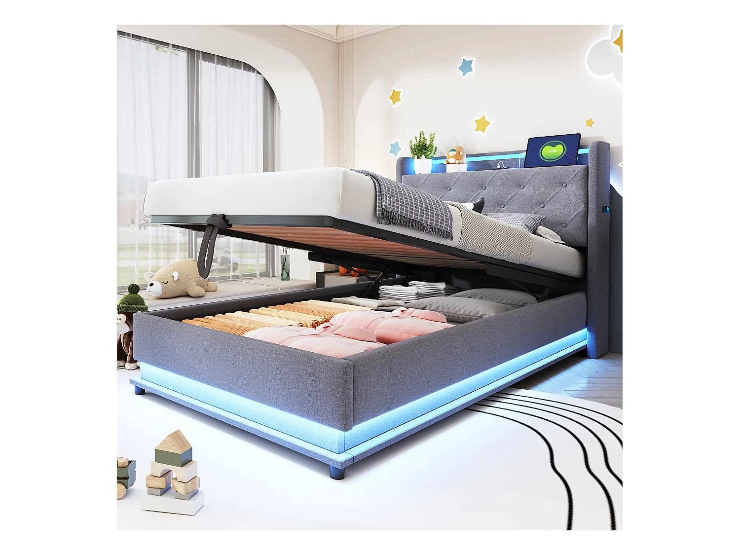 Lit coffre 90x200 cm avec port USB et LED, tête de lit coffre, lin gris - sans matelas