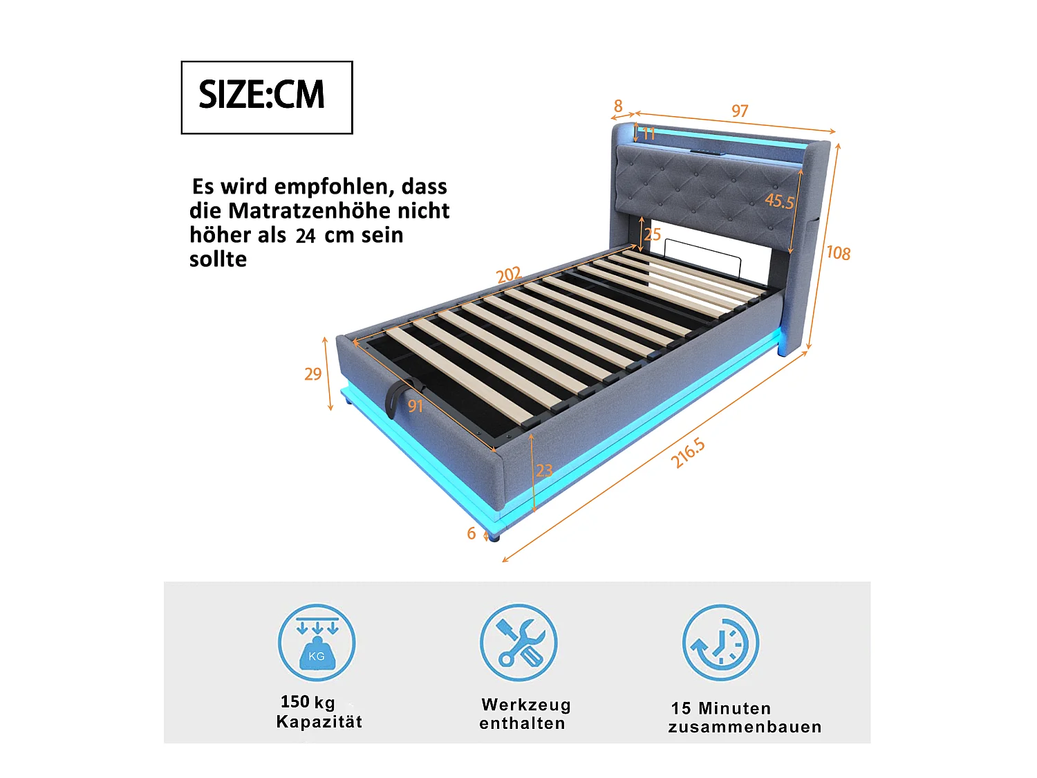 Lit coffre 90x200 cm avec port USB et LED, tête de lit coffre, lin gris - sans matelas