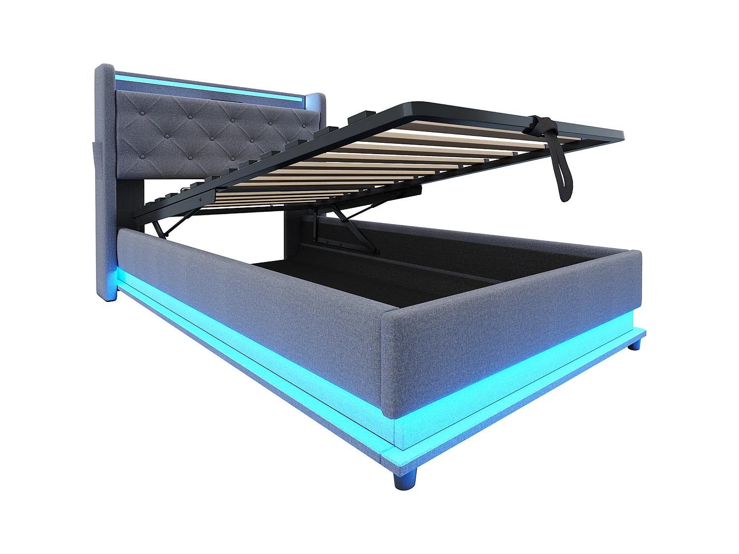 Lit coffre 90x200 cm avec port USB et LED, tête de lit coffre, lin gris - sans matelas