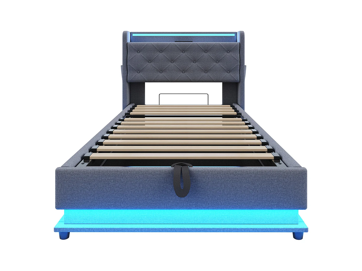 Lit coffre 90x200 cm avec port USB et LED, tête de lit coffre, lin gris - sans matelas