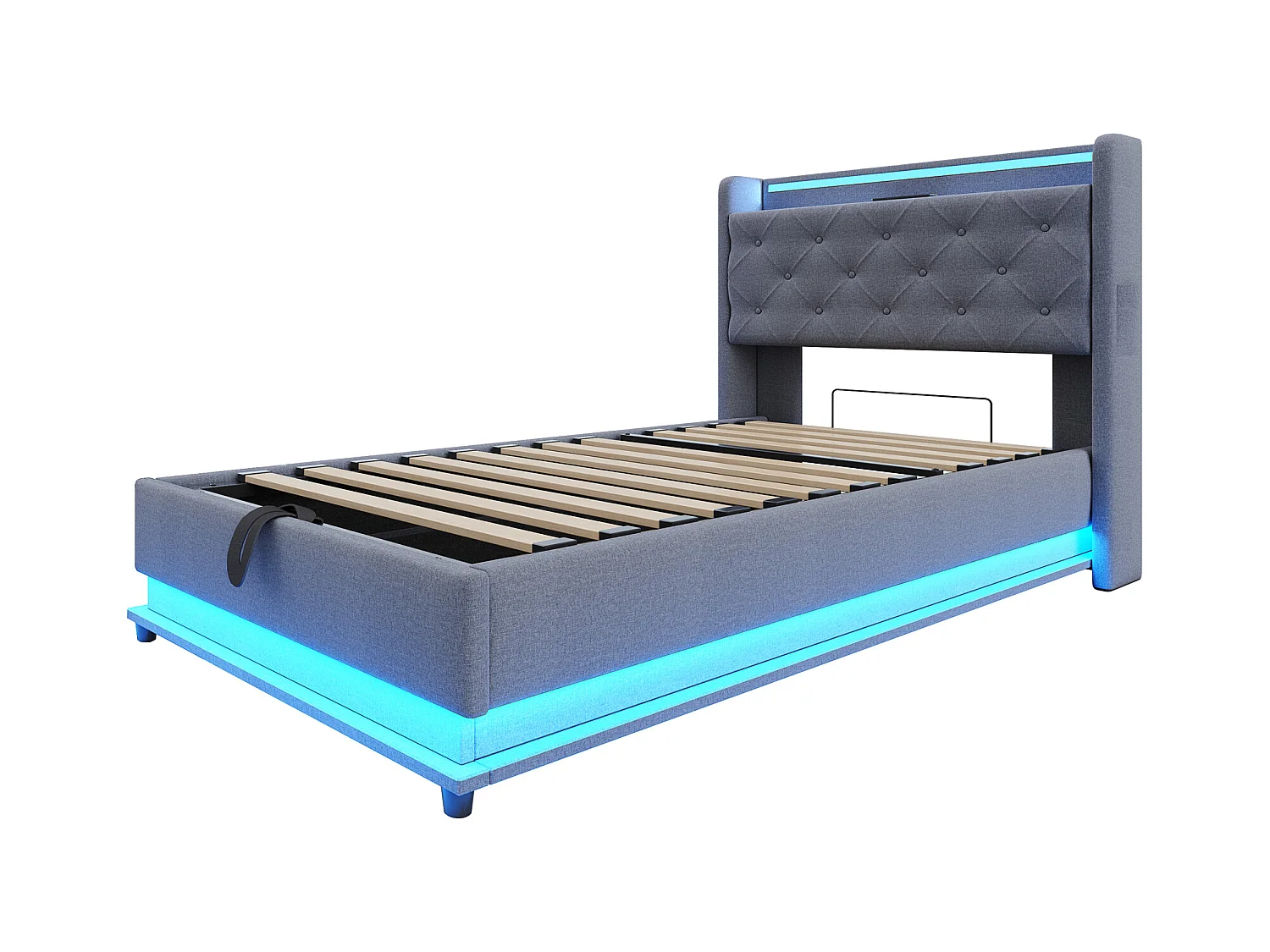 Lit coffre 90x200 cm avec port USB et LED, tête de lit coffre, lin gris - sans matelas