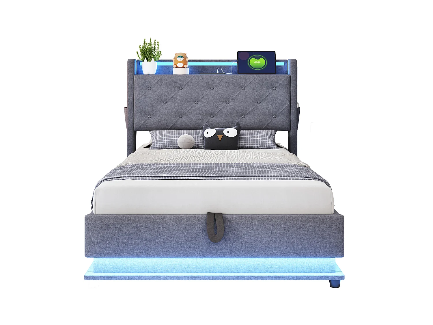 Lit coffre 90x200 cm avec port USB et LED, tête de lit coffre, lin gris - sans matelas