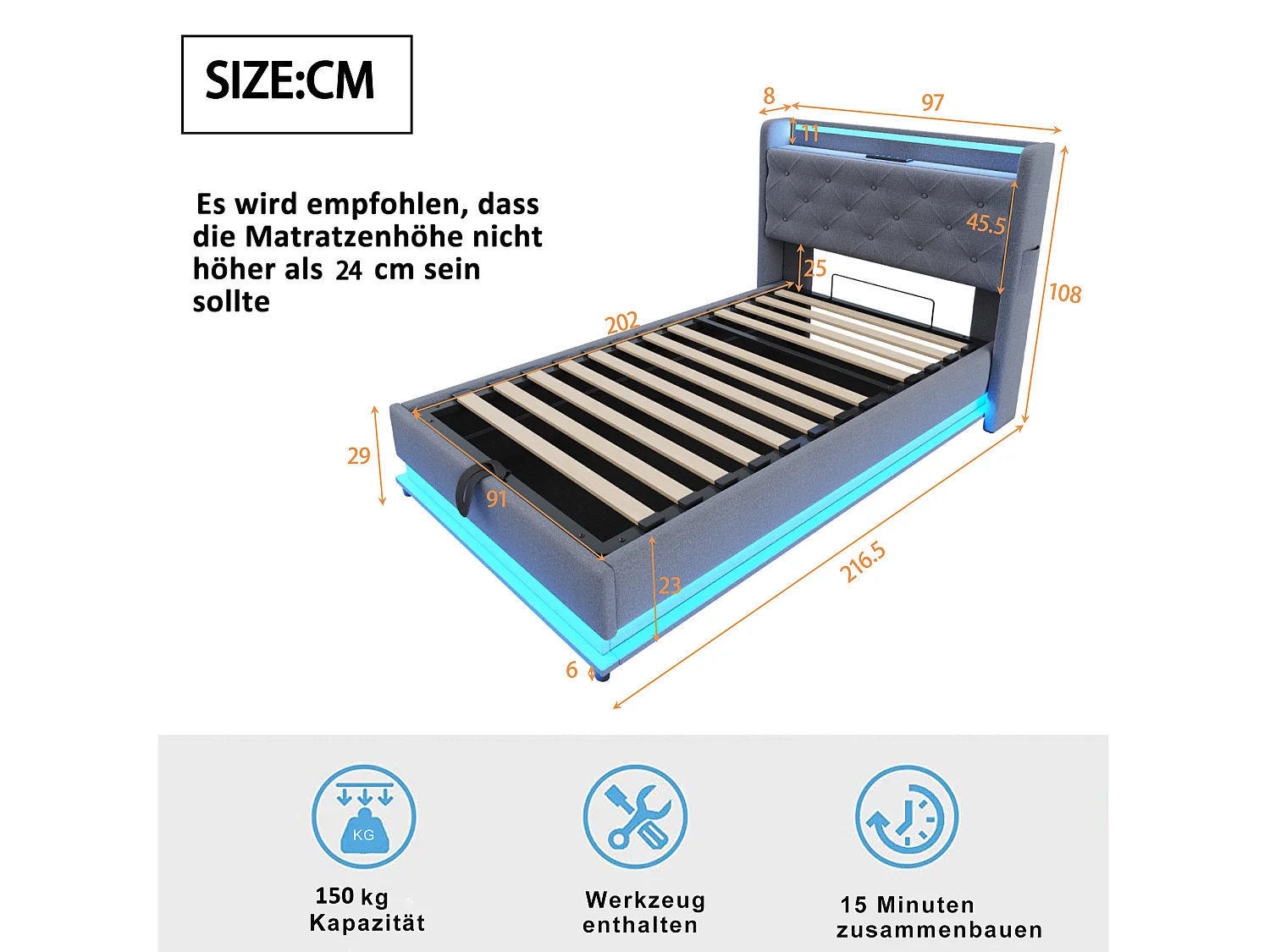 Opbergbed 90x200 cm met USB-aansluiting en LED, opberghoofdeinde, grijs linnen - zonder matras