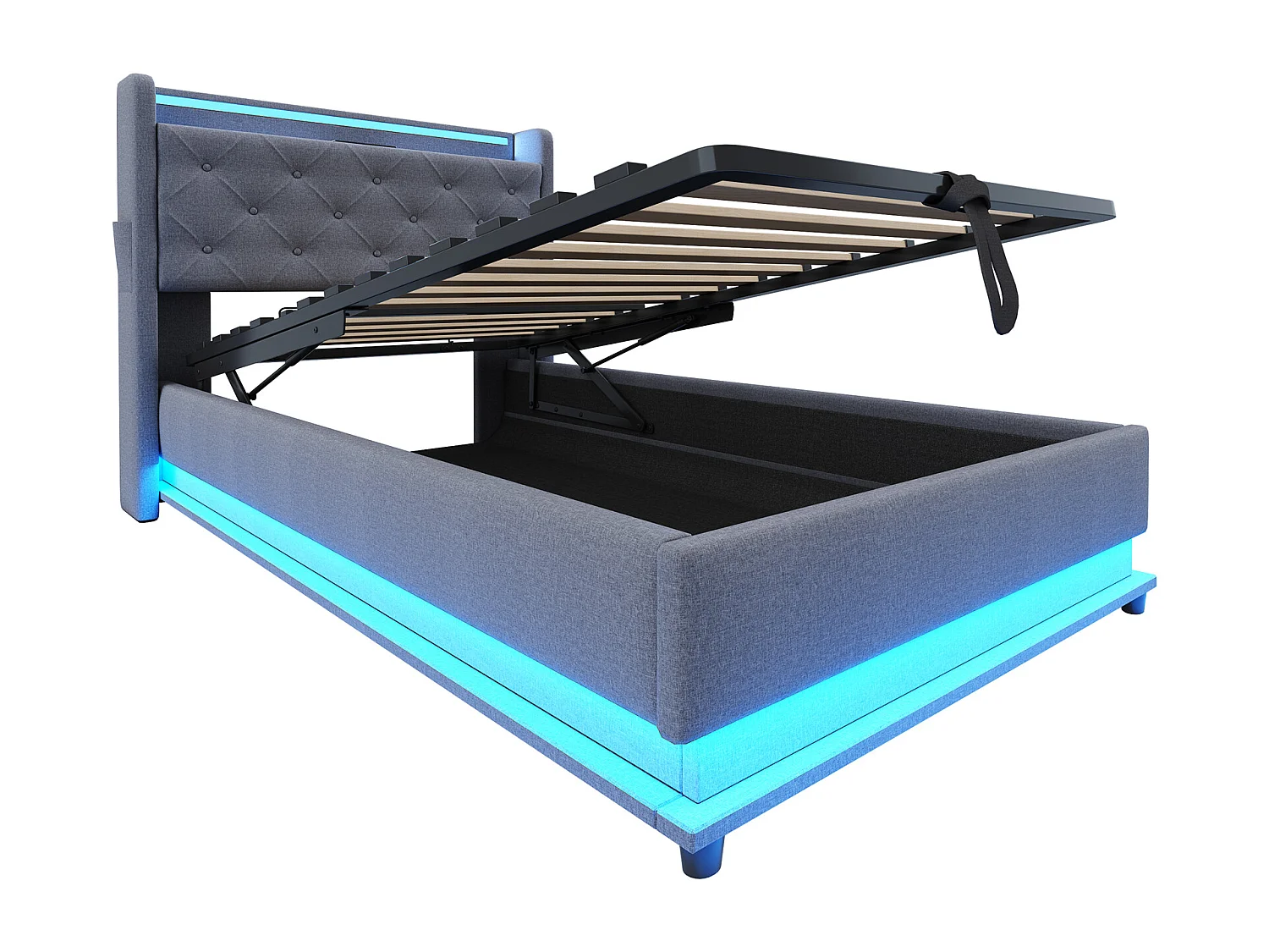 Opbergbed 90x200 cm met USB-aansluiting en LED, opberghoofdeinde, grijs linnen - zonder matras