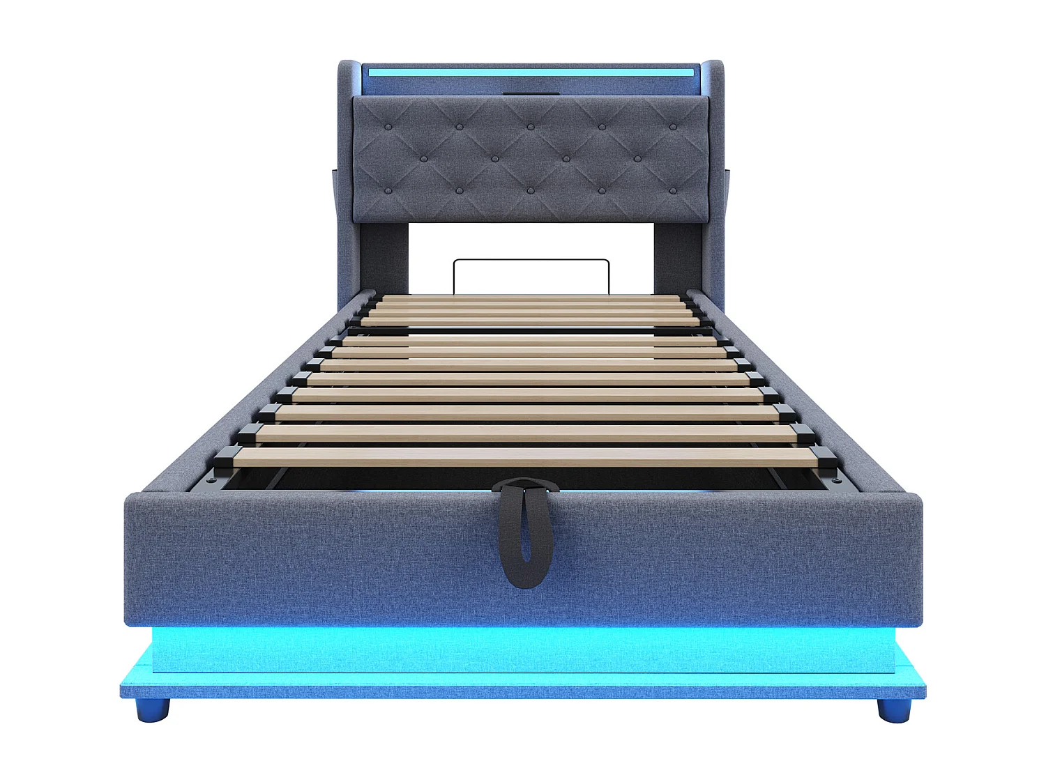Opbergbed 90x200 cm met USB-aansluiting en LED, opberghoofdeinde, grijs linnen - zonder matras