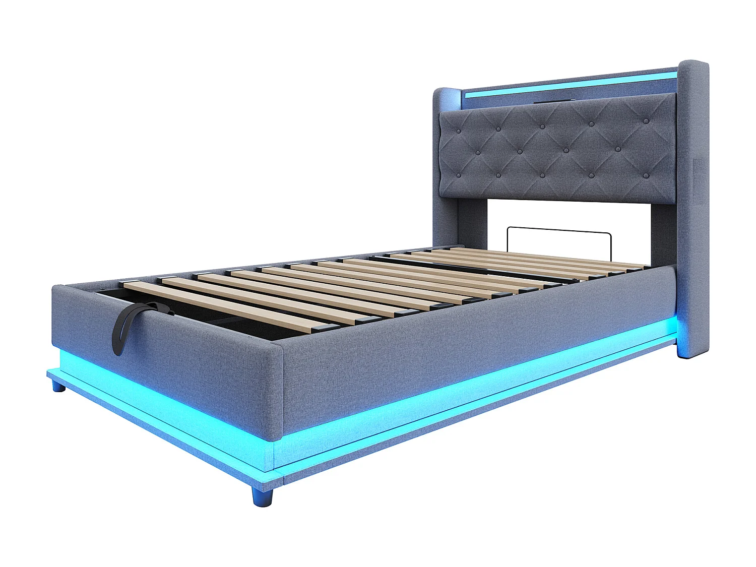 Opbergbed 90x200 cm met USB-aansluiting en LED, opberghoofdeinde, grijs linnen - zonder matras