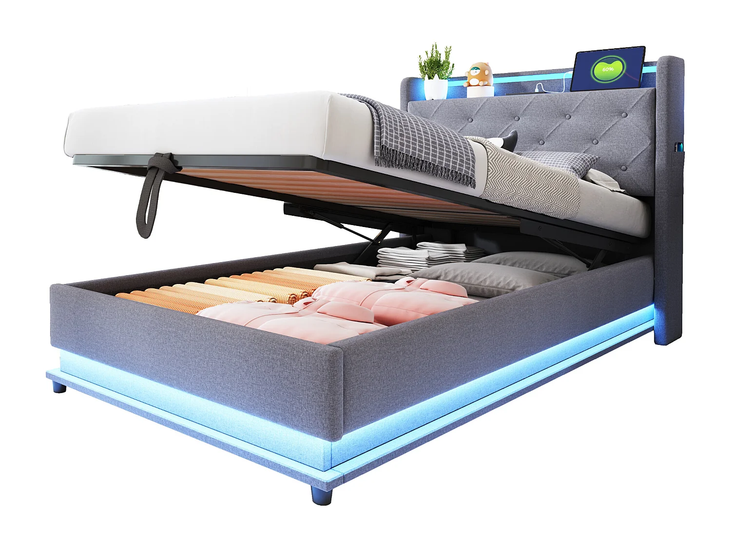 Opbergbed 90x200 cm met USB-aansluiting en LED, opberghoofdeinde, grijs linnen - zonder matras