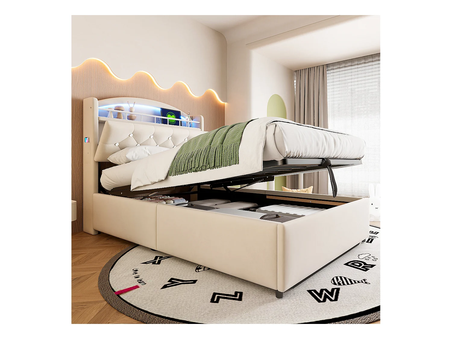Lit coffre 90x200 cm avec LED et port USB, tête de lit coffre, velours beige - sans matelas