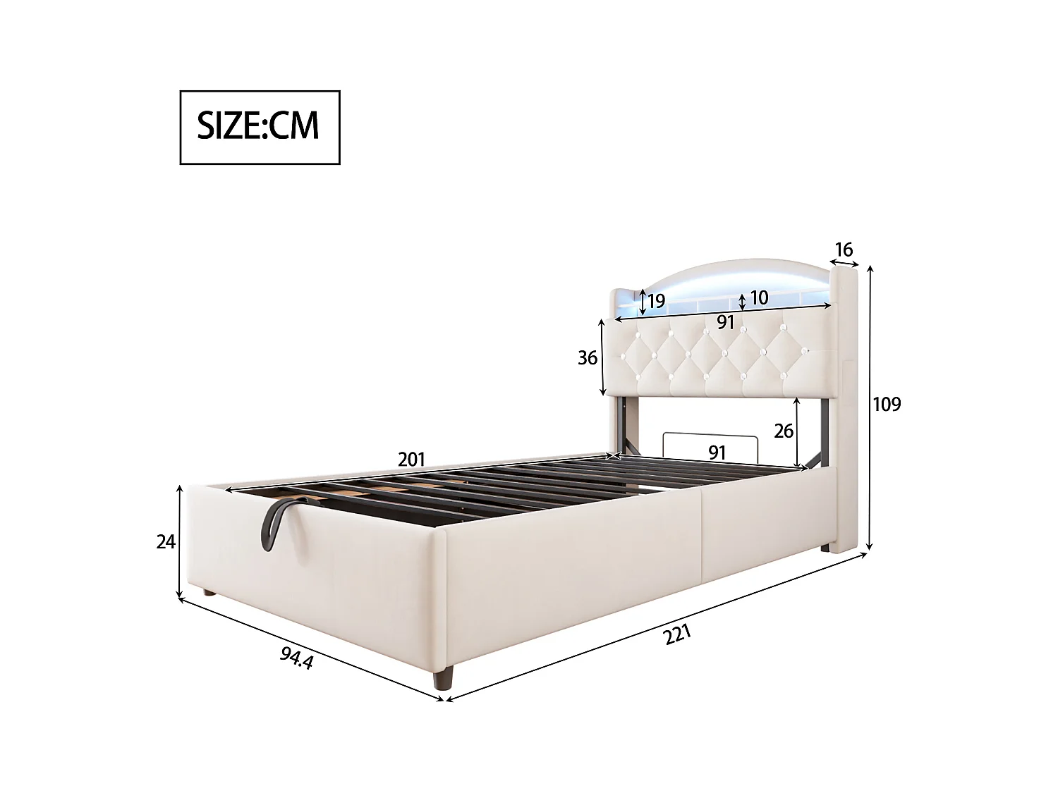 Lit coffre 90x200 cm avec LED et port USB, tête de lit coffre, velours beige - sans matelas