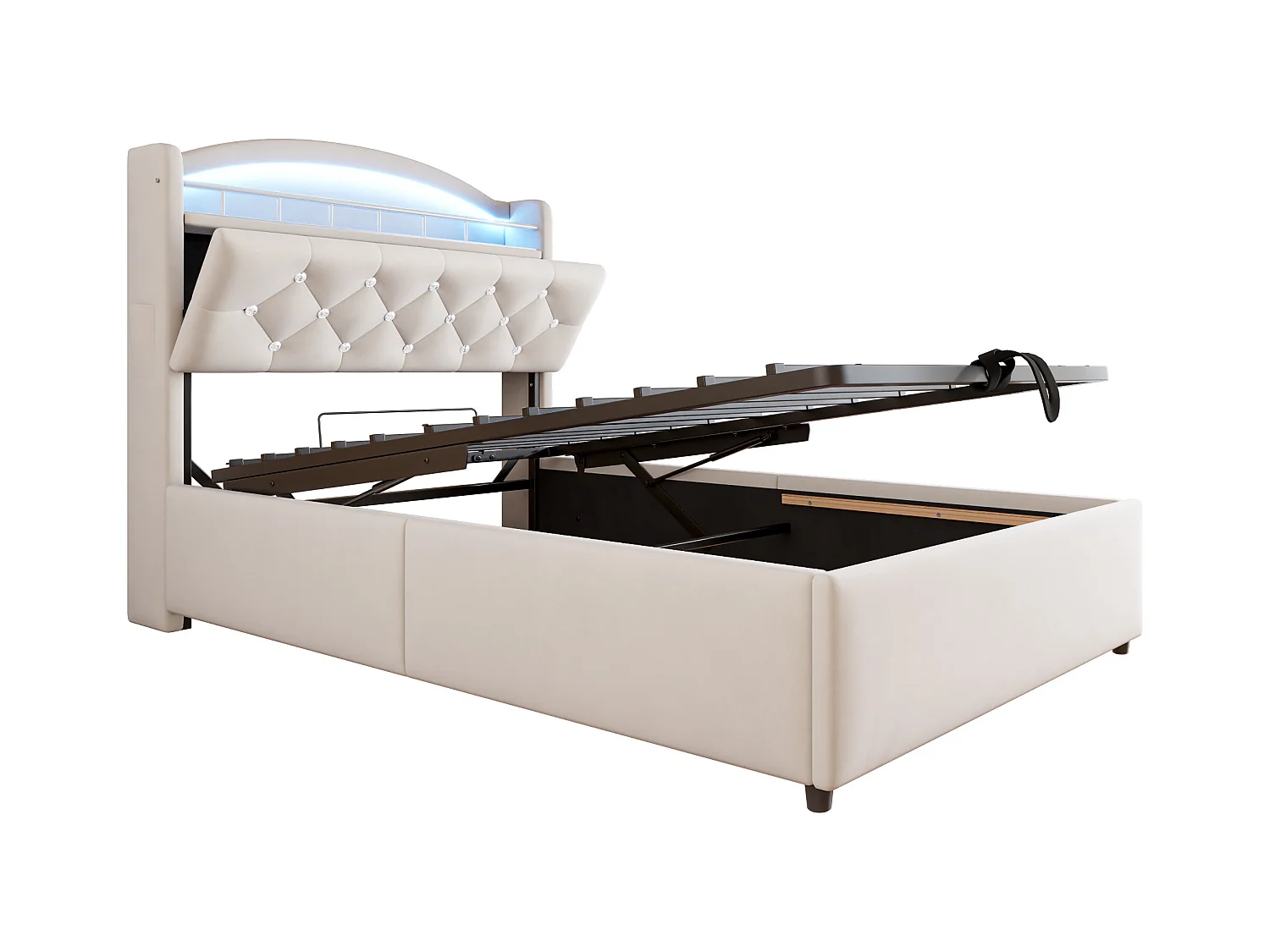 Lit coffre 90x200 cm avec LED et port USB, tête de lit coffre, velours beige - sans matelas