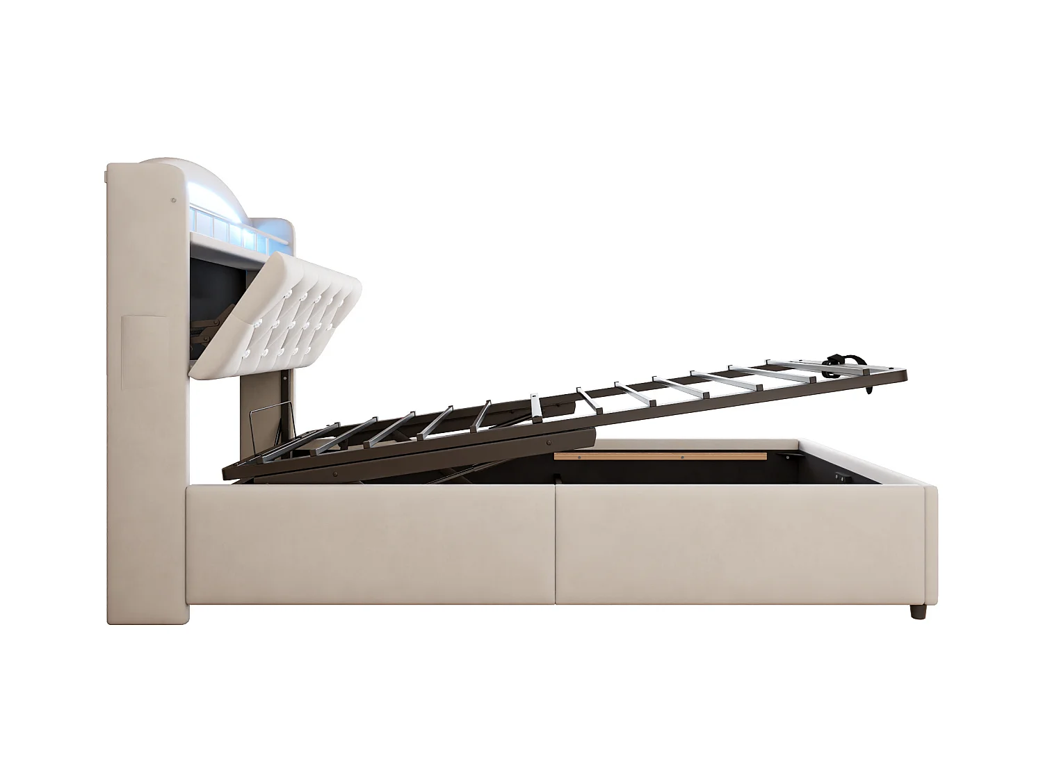 Lit coffre 90x200 cm avec LED et port USB, tête de lit coffre, velours beige - sans matelas