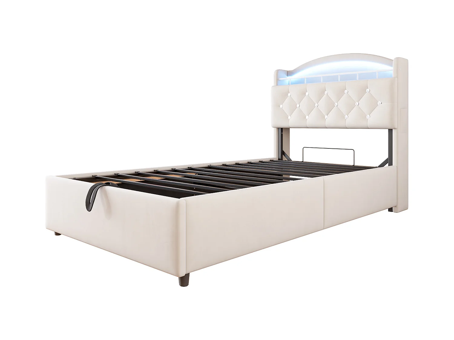 Lit coffre 90x200 cm avec LED et port USB, tête de lit coffre, velours beige - sans matelas