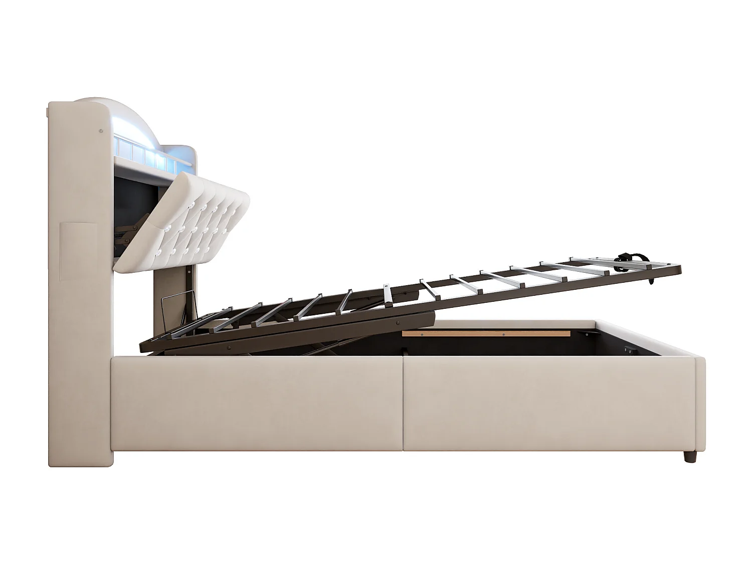 Bett mit Stauraum 90x200 cm mit LED und USB-Anschluss, Kopfteil mit Stauraum, beigefarbenes Samt – ohne Matratze