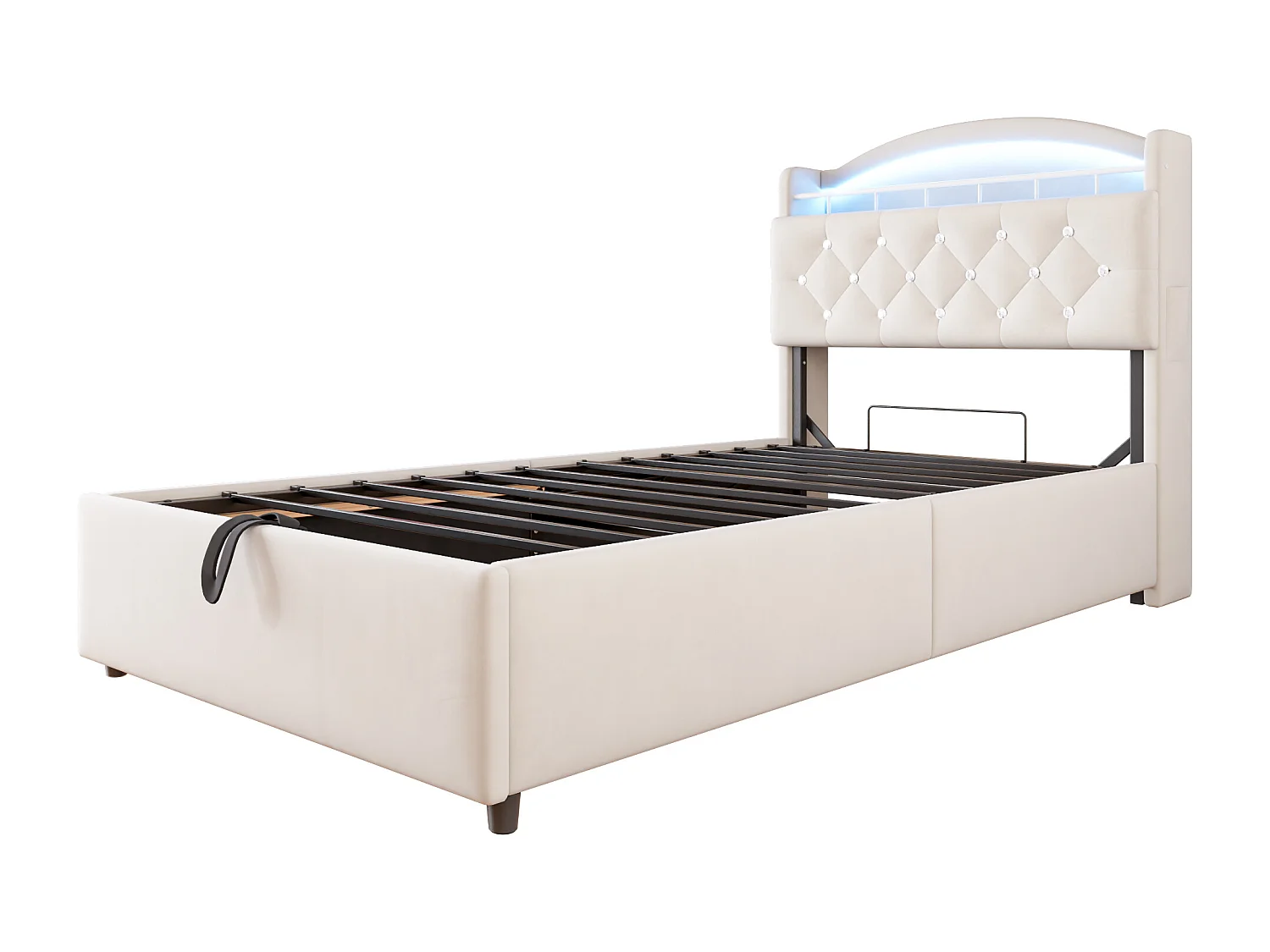 Bett mit Stauraum 90x200 cm mit LED und USB-Anschluss, Kopfteil mit Stauraum, beigefarbenes Samt – ohne Matratze