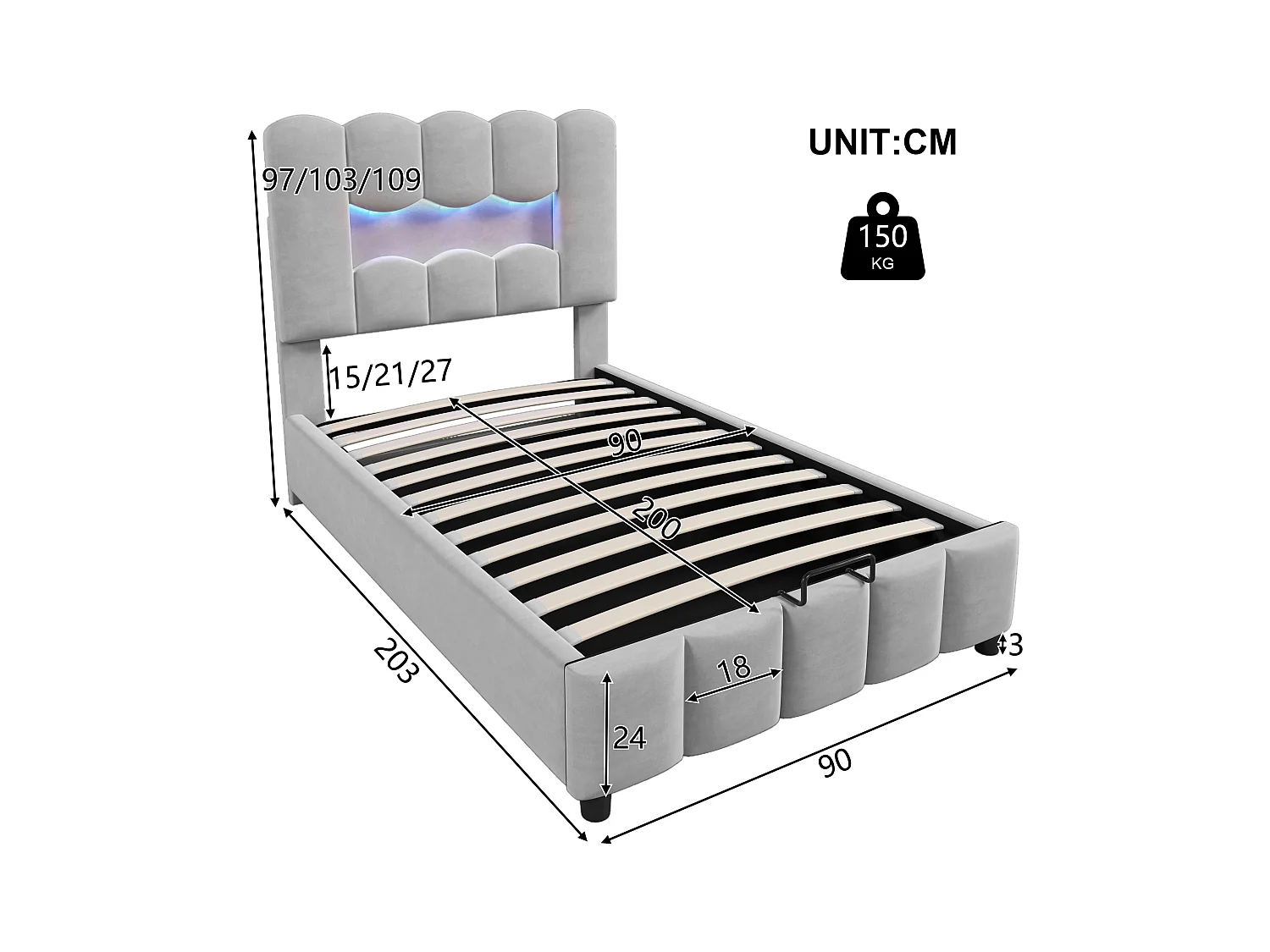 Cama con almacenamiento 90x200 cm con iluminación LED y cabecero ajustable, terciopelo gris - sin colchón