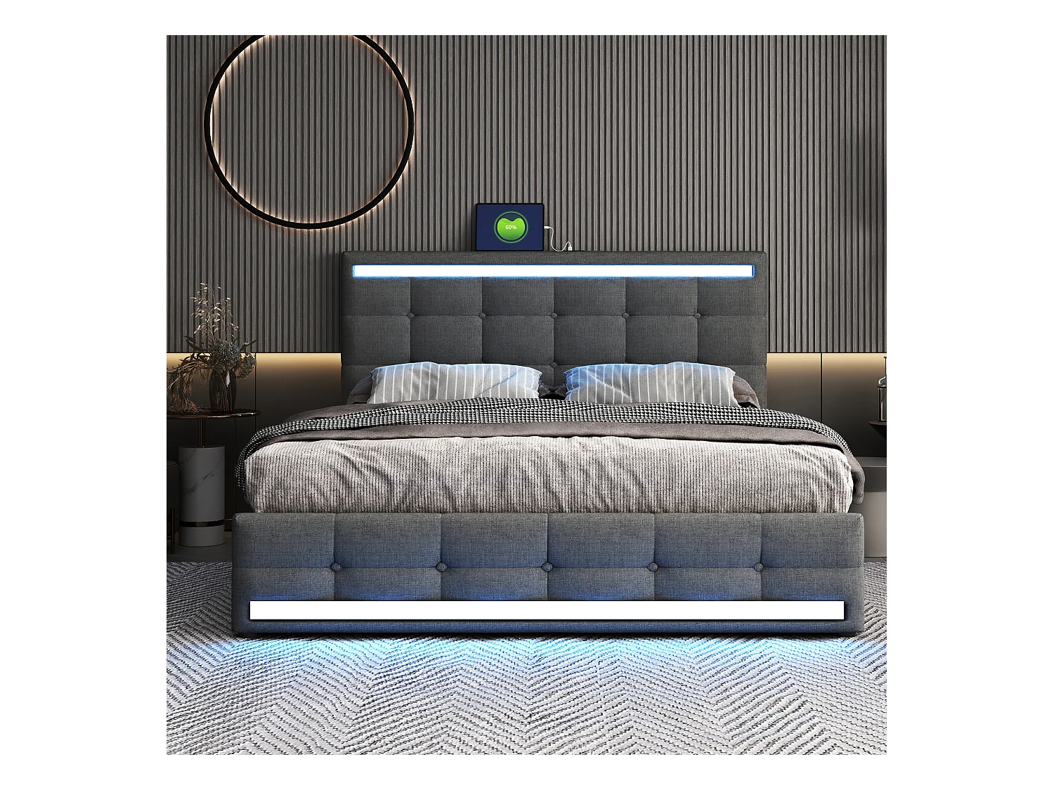 Opbergbed 140x200 cm met LED-verlichting en USB-poort, verstelbaar hoofdbord, grijs linnen - zonder matras