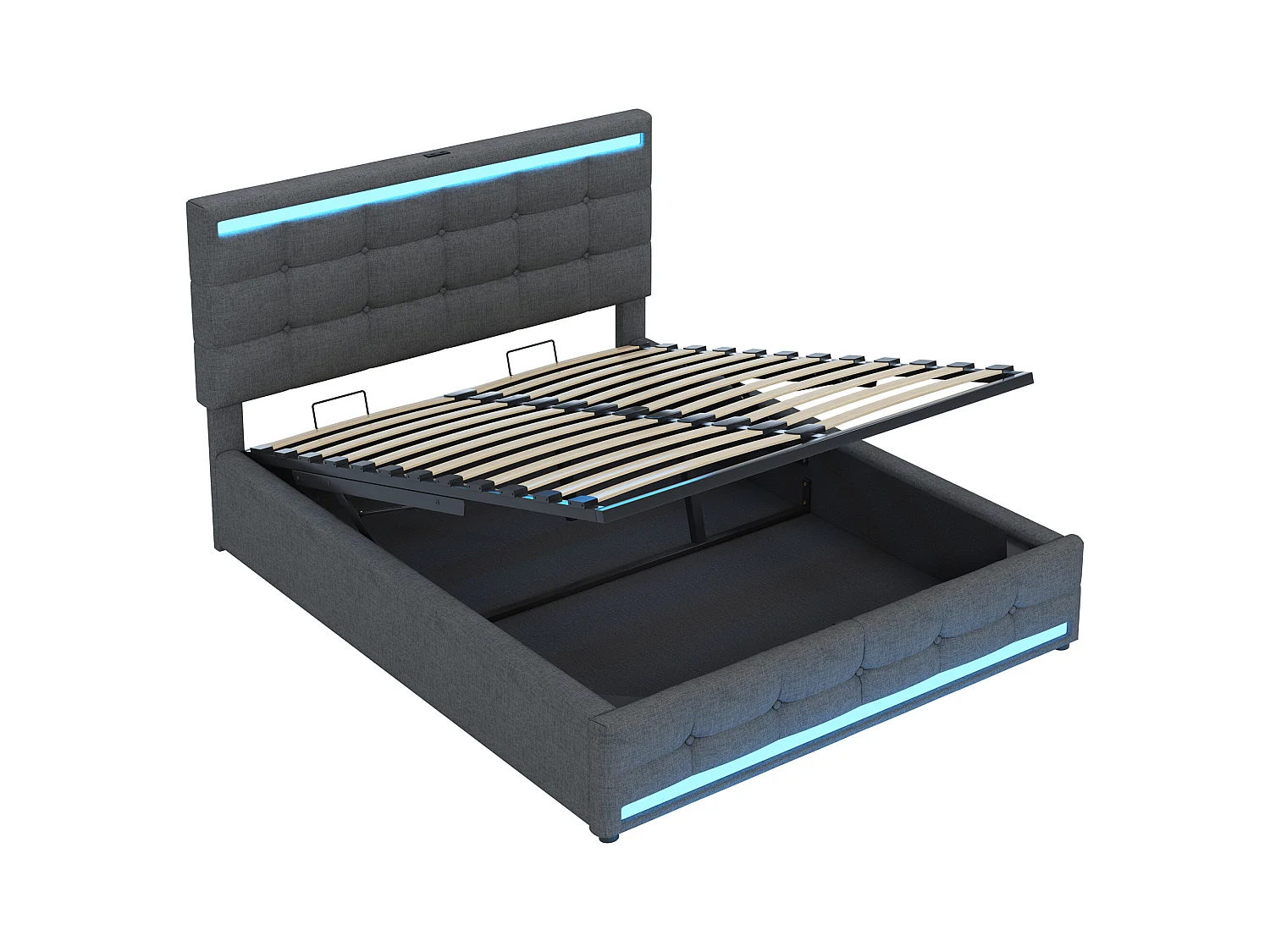 Opbergbed 140x200 cm met LED-verlichting en USB-poort, verstelbaar hoofdbord, grijs linnen - zonder matras