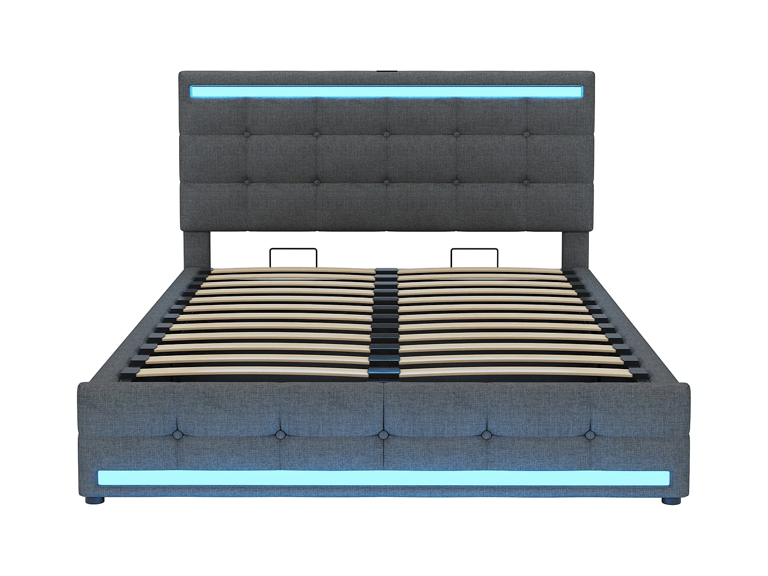 Opbergbed 140x200 cm met LED-verlichting en USB-poort, verstelbaar hoofdbord, grijs linnen - zonder matras