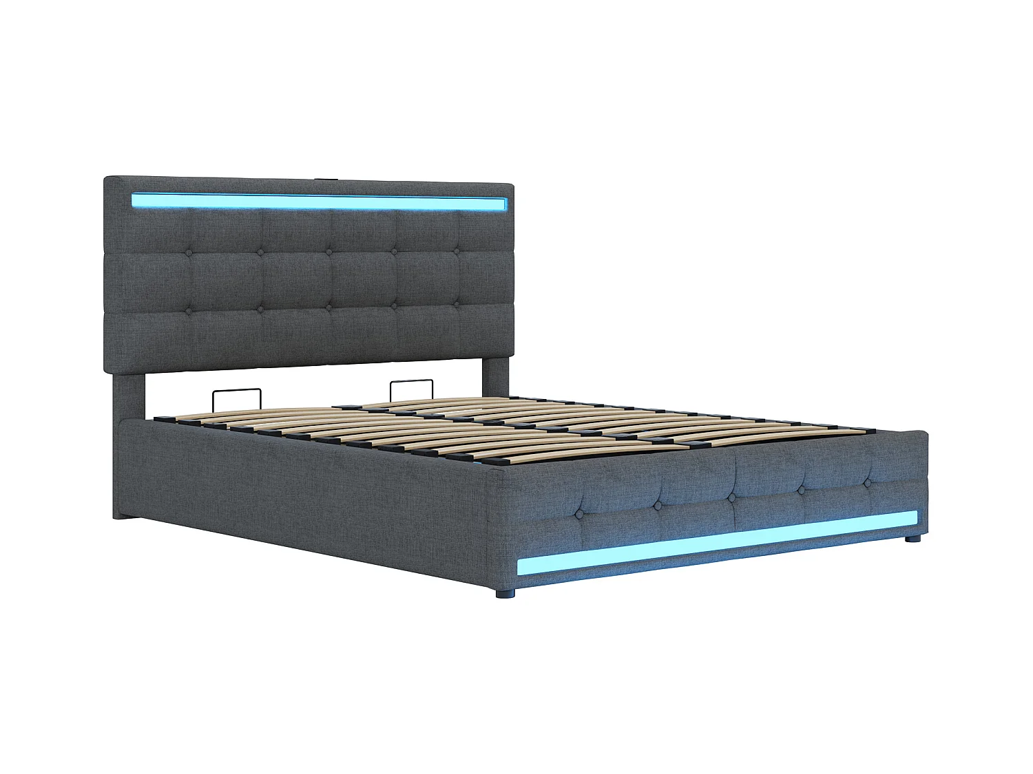 Opbergbed 140x200 cm met LED-verlichting en USB-poort, verstelbaar hoofdbord, grijs linnen - zonder matras