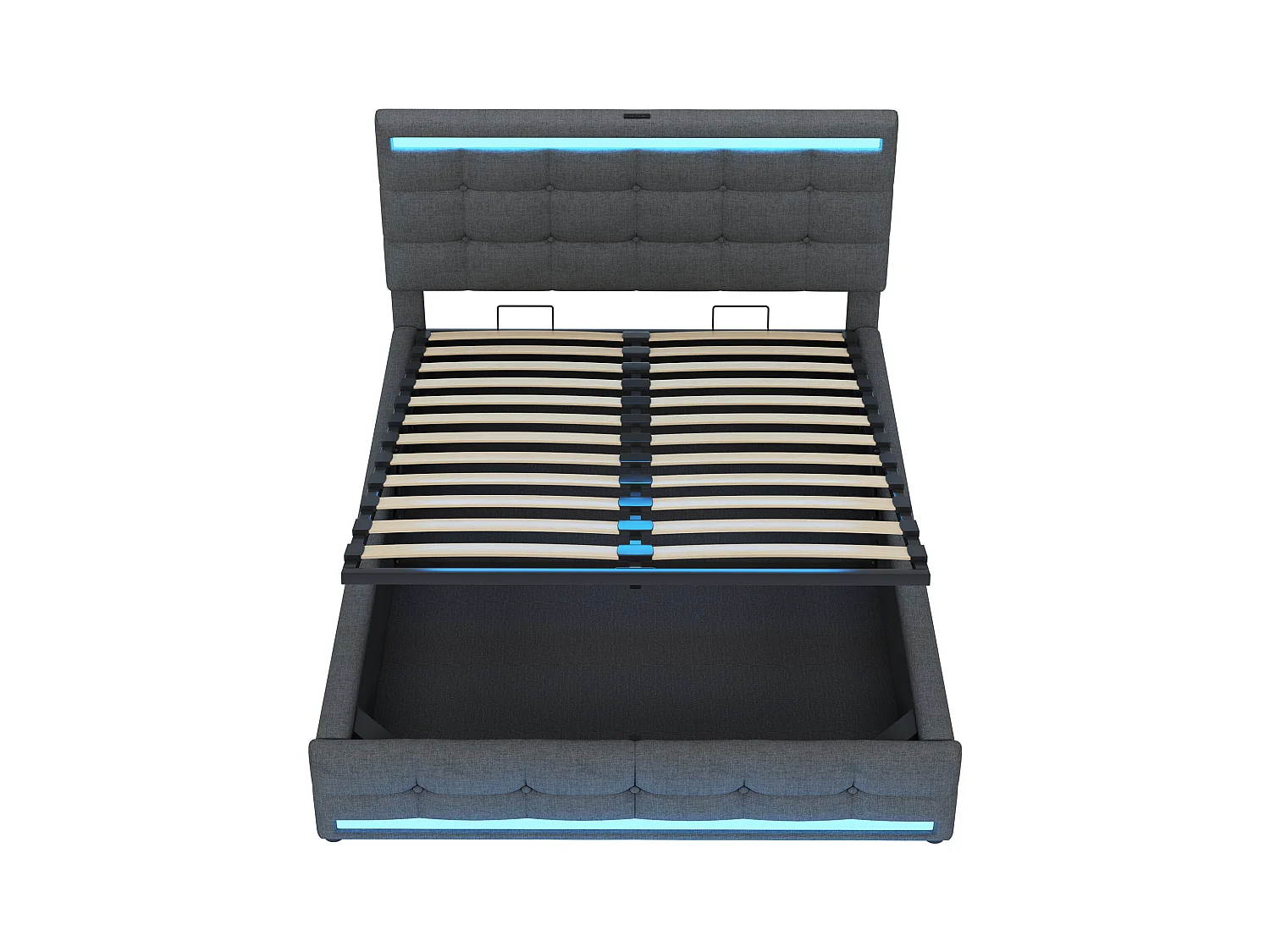 Opbergbed 140x200 cm met LED-verlichting en USB-poort, verstelbaar hoofdbord, grijs linnen - zonder matras
