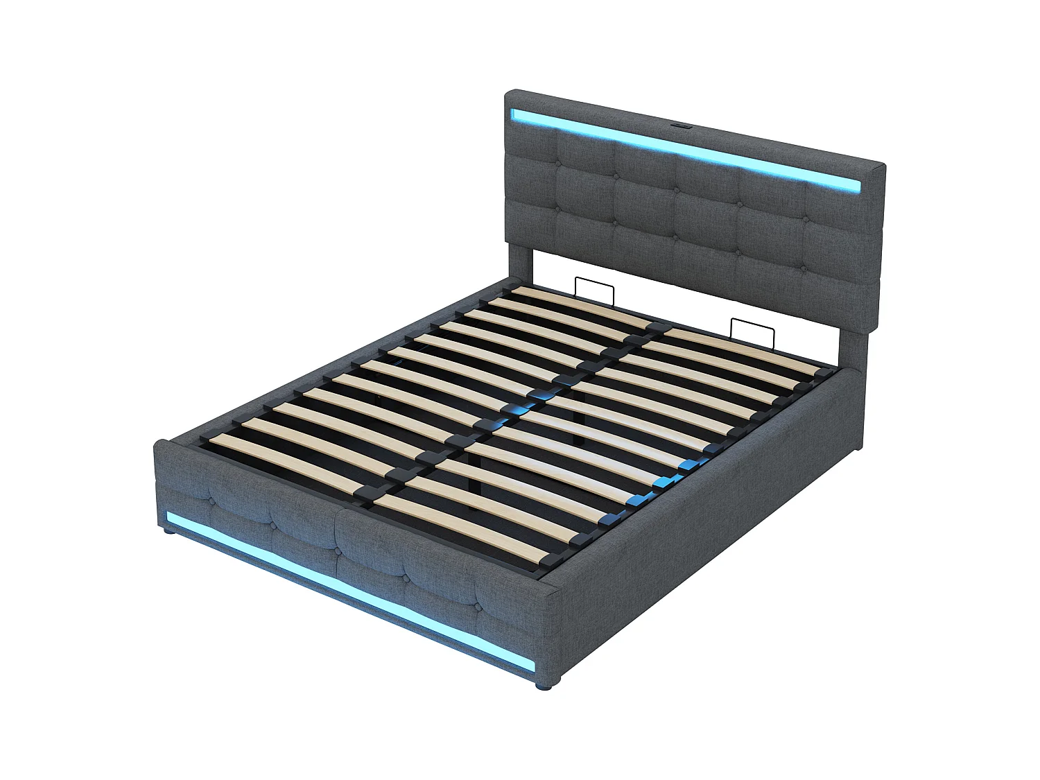 Opbergbed 140x200 cm met LED-verlichting en USB-poort, verstelbaar hoofdbord, grijs linnen - zonder matras