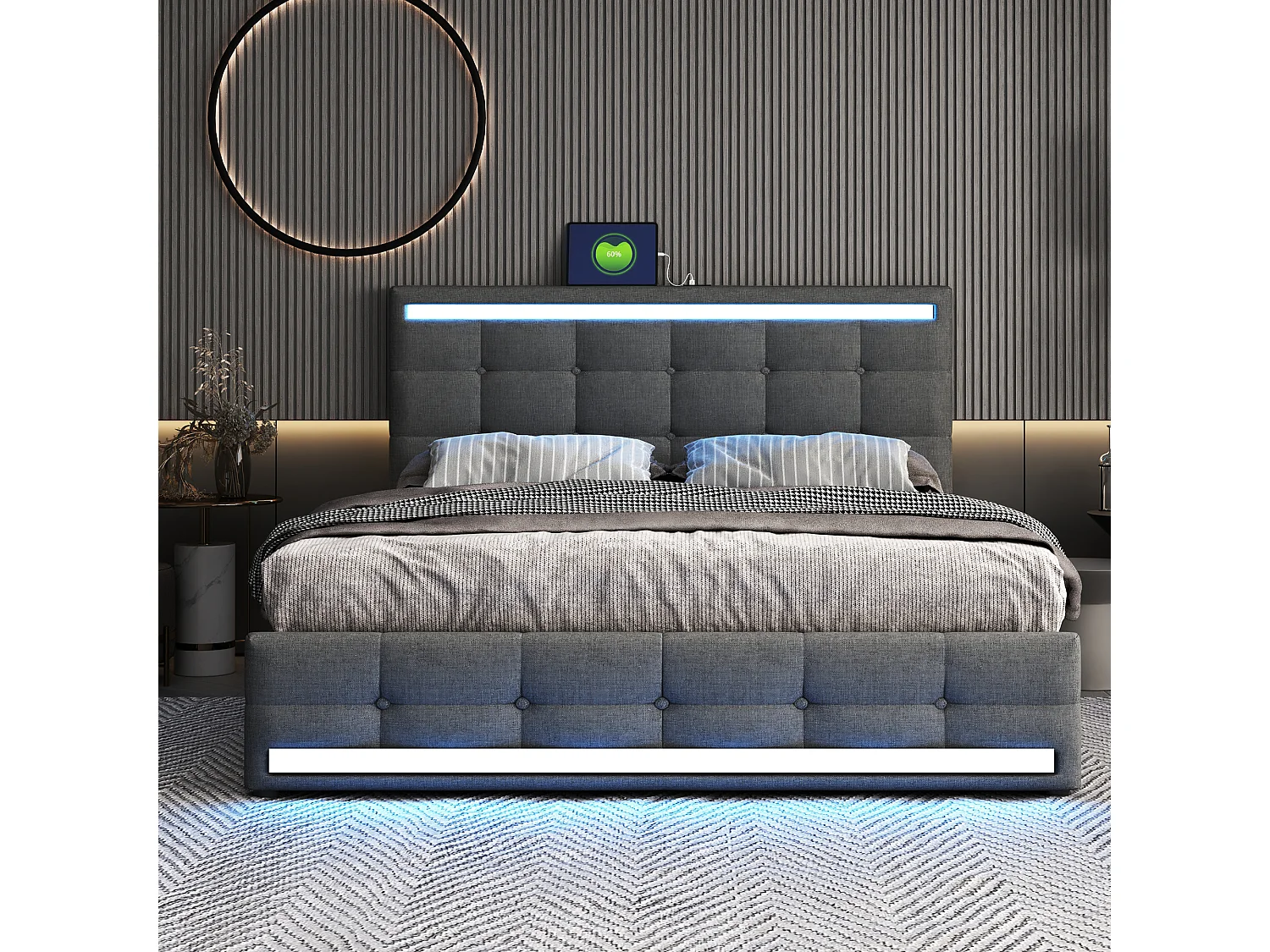 Stauraumbett 140x200 cm mit LED und USB-Ladeanschluss, verstellbares Kopfteil, graues Leinen - ohne Matratze