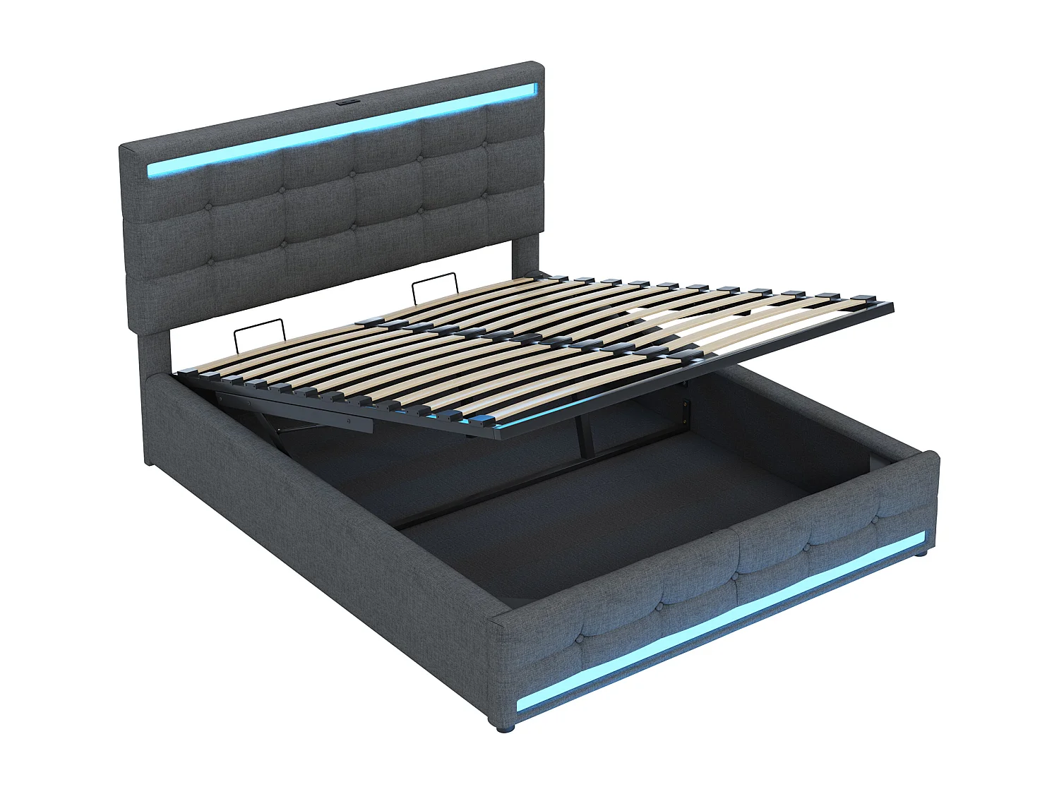 Stauraumbett 140x200 cm mit LED und USB-Ladeanschluss, verstellbares Kopfteil, graues Leinen - ohne Matratze