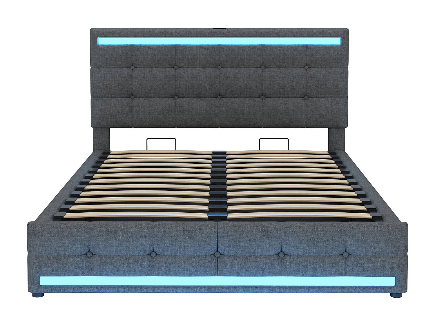 Stauraumbett 140x200 cm mit LED und USB-Ladeanschluss, verstellbares Kopfteil, graues Leinen - ohne Matratze