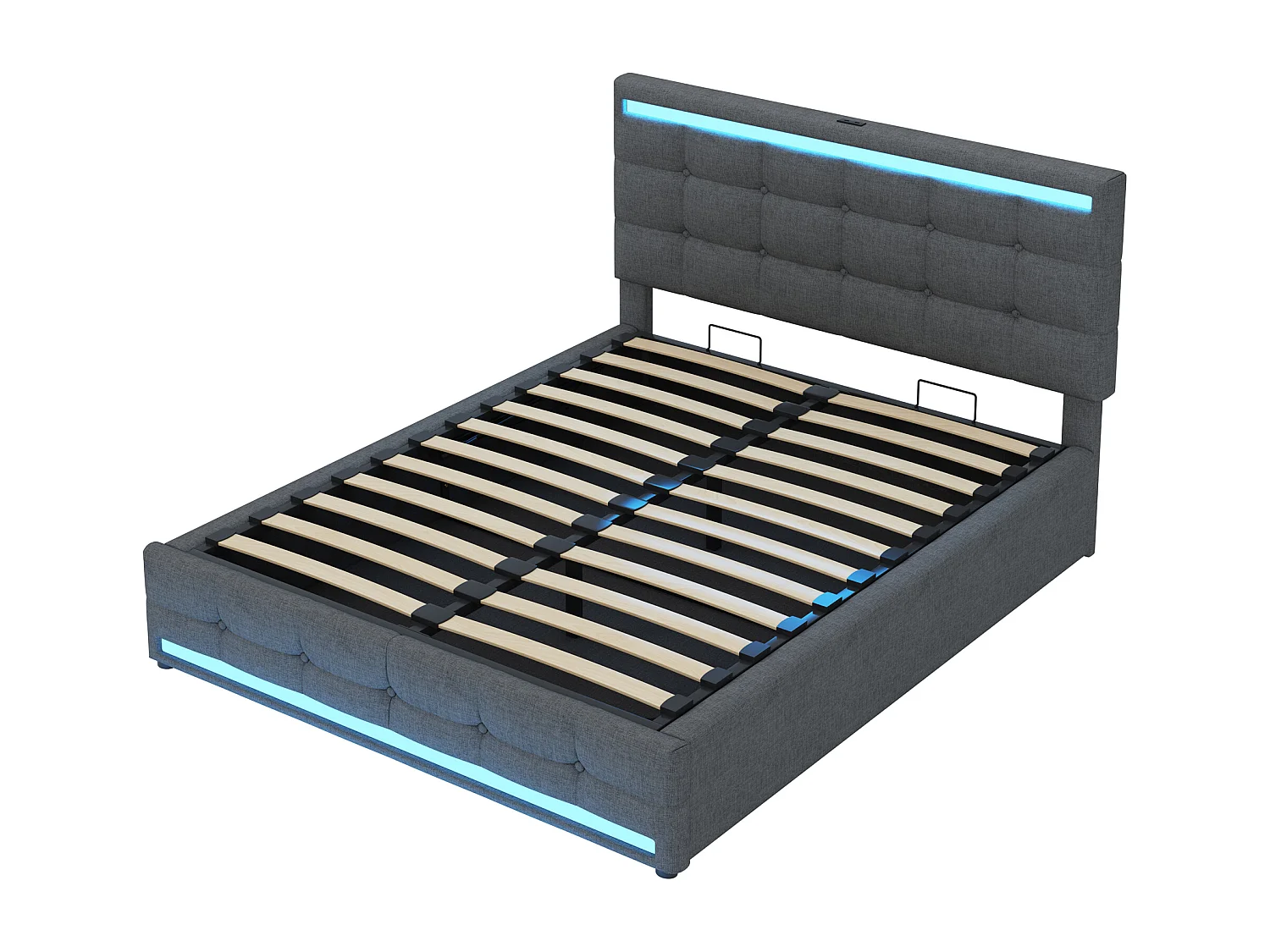 Stauraumbett 140x200 cm mit LED und USB-Ladeanschluss, verstellbares Kopfteil, graues Leinen - ohne Matratze