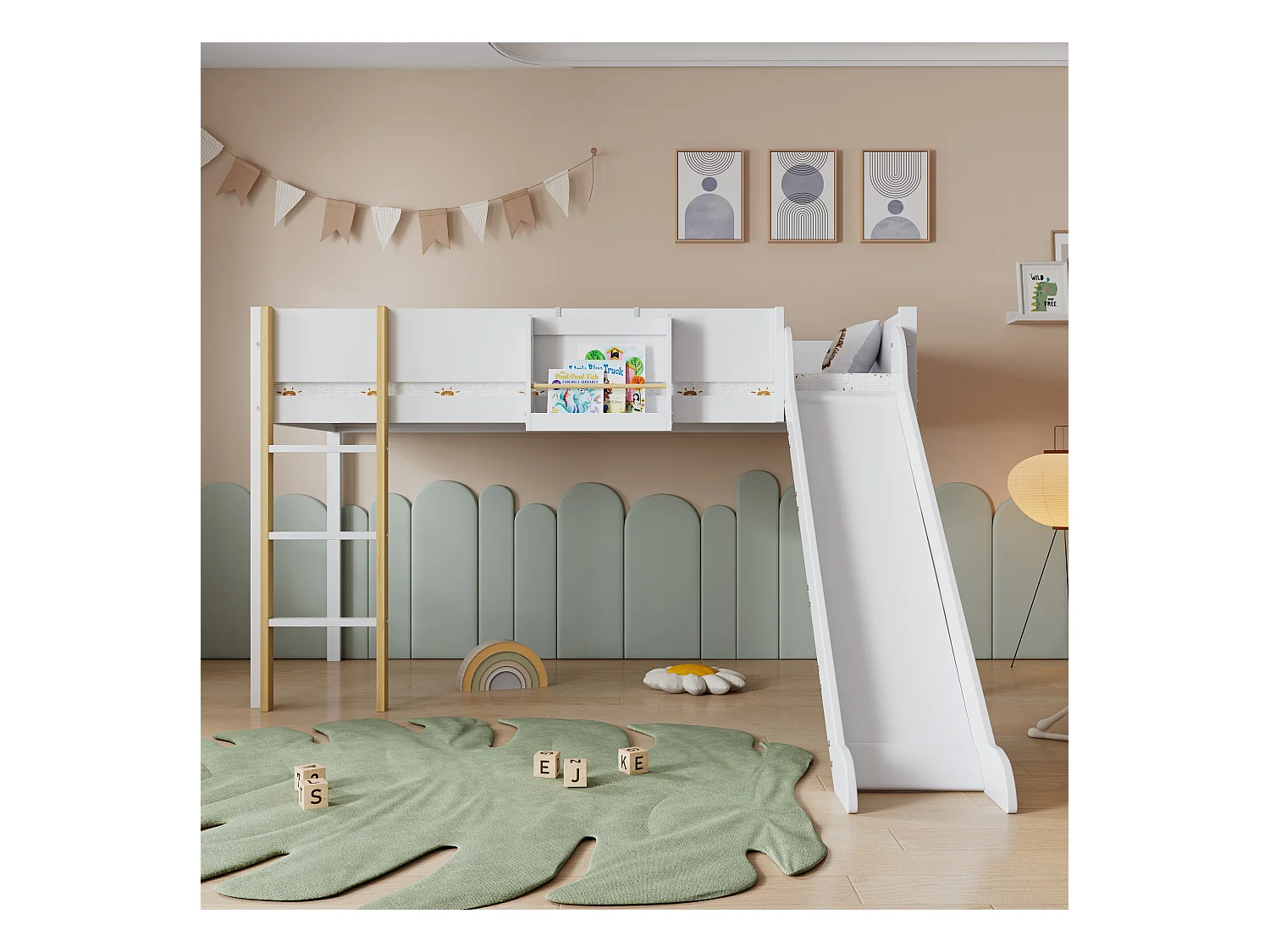 Lit mezzanine enfant 90x200 cm avec toboggan et sommier à lattes, blanc - sans matelas