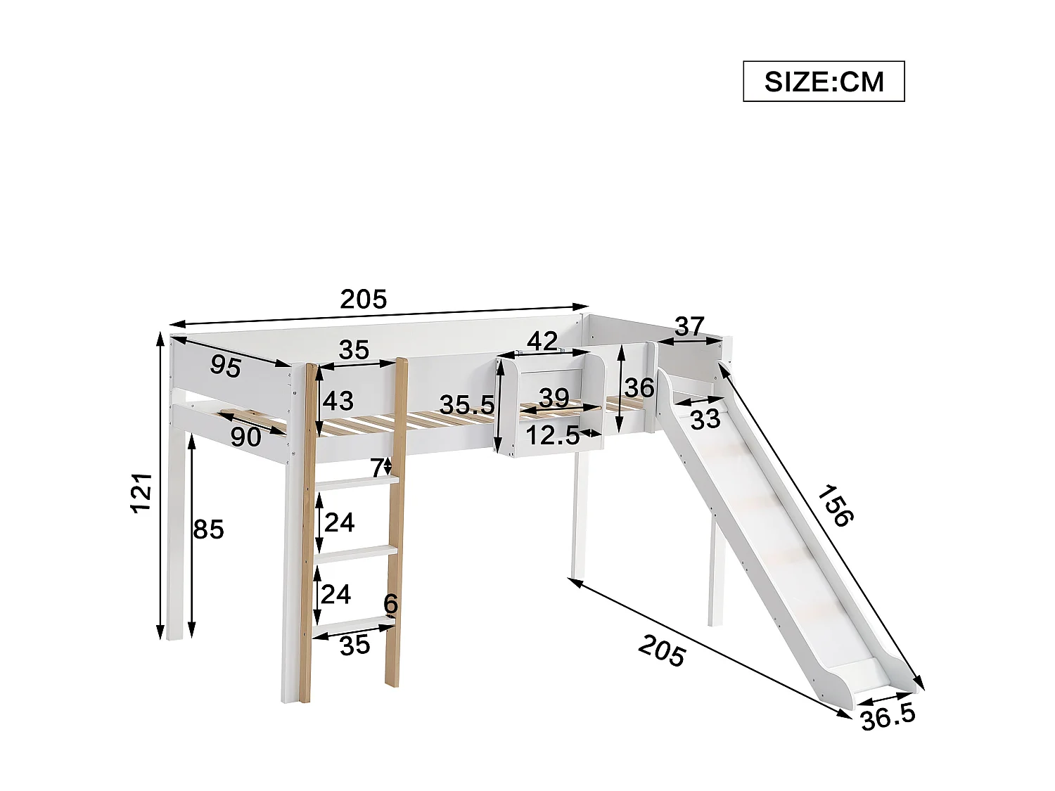 Lit mezzanine enfant 90x200 cm avec toboggan et sommier à lattes, blanc - sans matelas