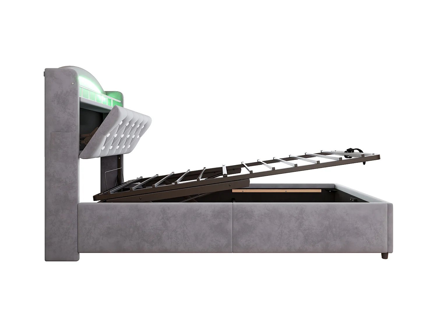 Lit coffre 90x200 cm avec LED et port USB, tête de lit coffre, velours gris - sans matelas